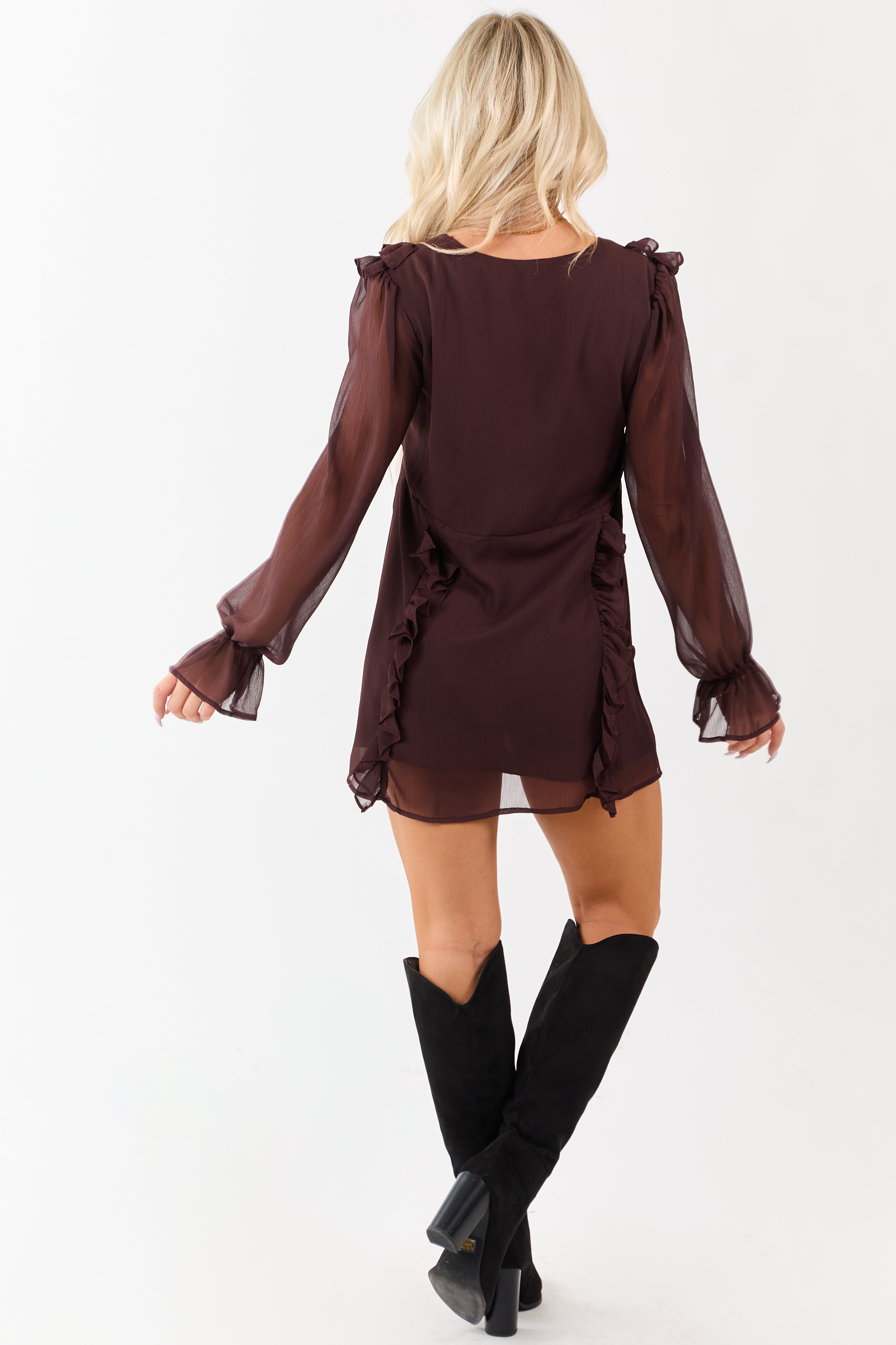 Chocolate Ruffled V-Neck Long Sleeve Mini Dress