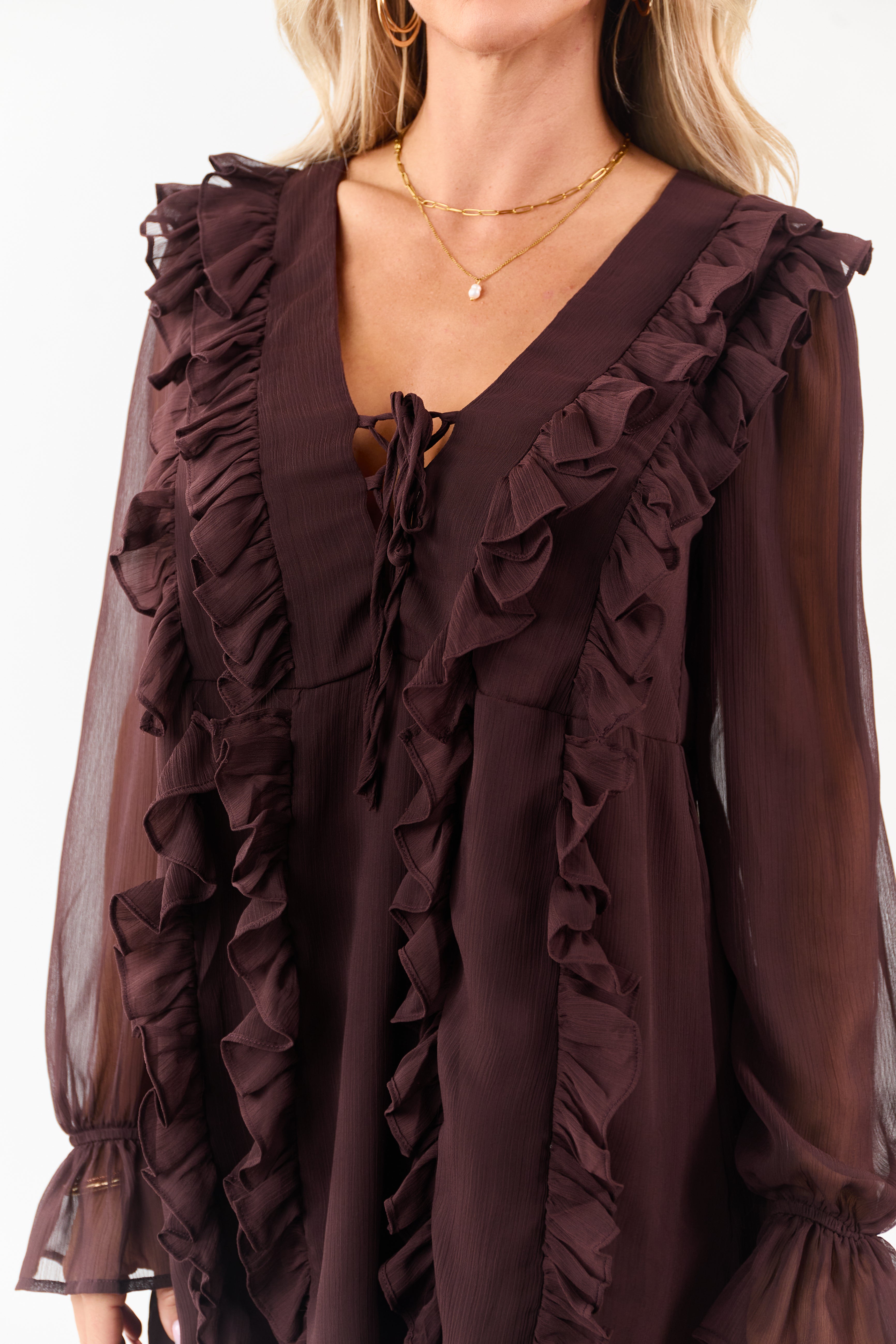 Chocolate Ruffled V-Neck Long Sleeve Mini Dress