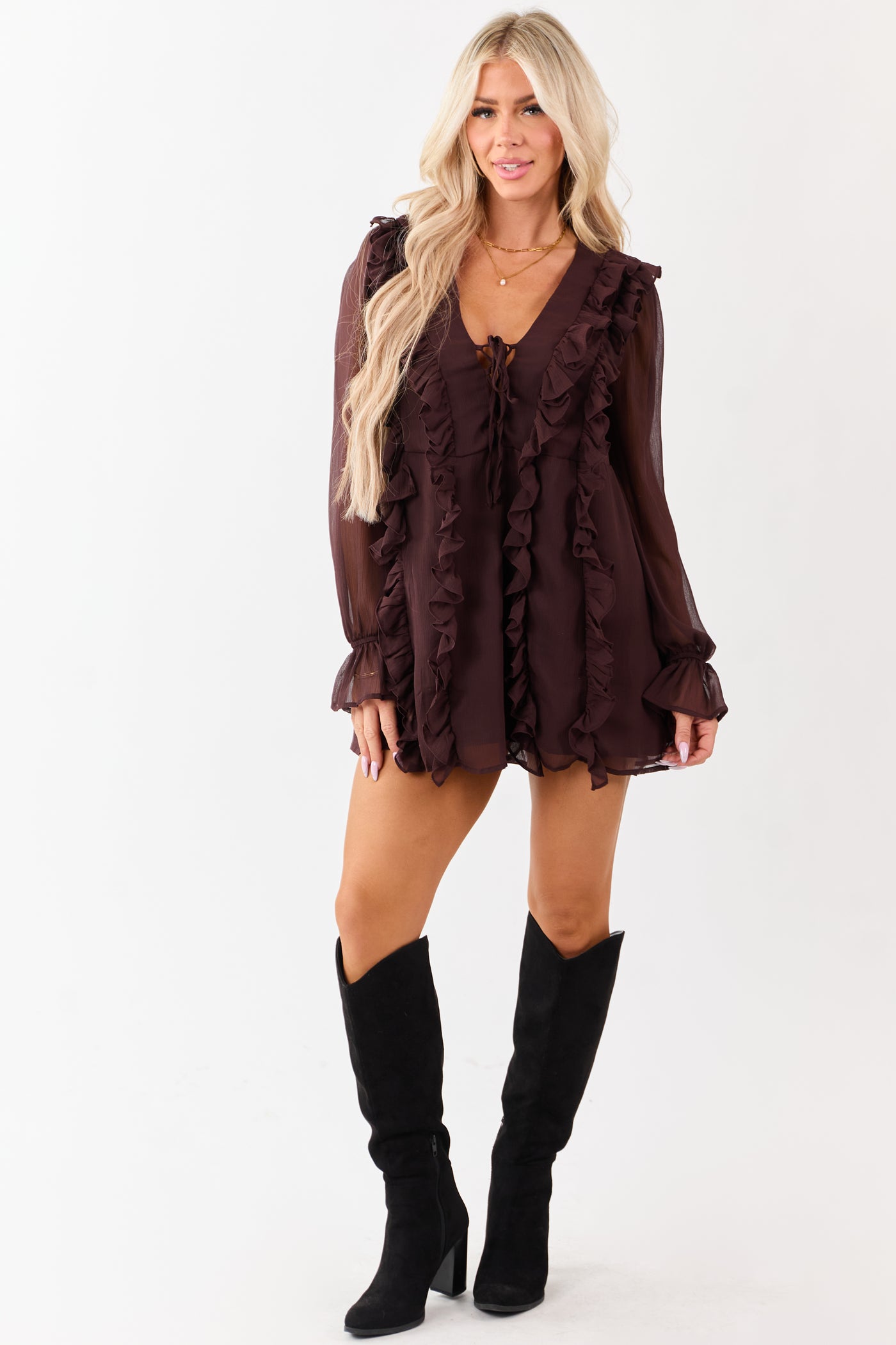 Chocolate Ruffled V-Neck Long Sleeve Mini Dress