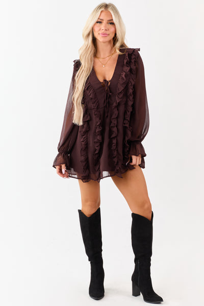 Chocolate Ruffled V-Neck Long Sleeve Mini Dress