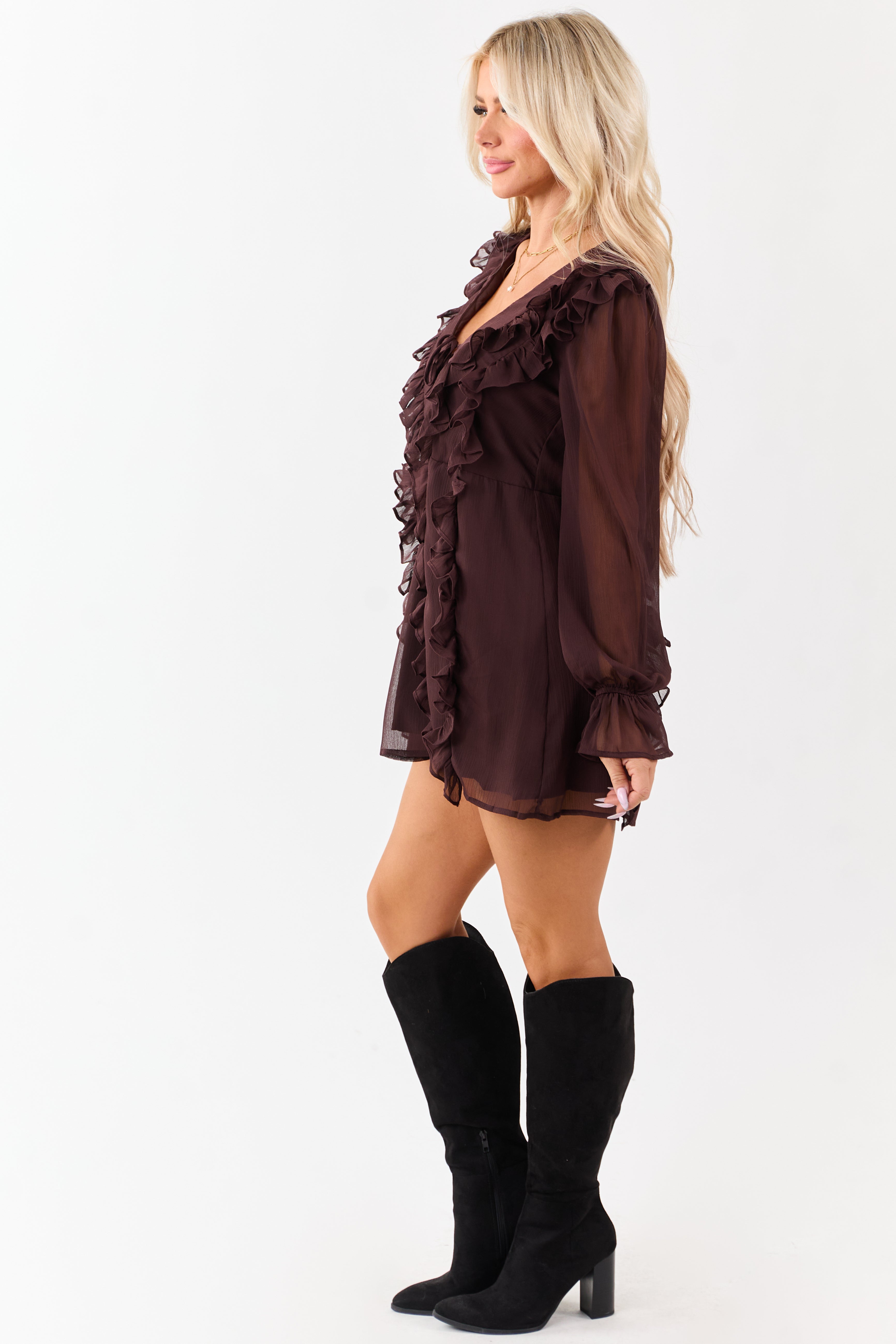 Chocolate Ruffled V-Neck Long Sleeve Mini Dress