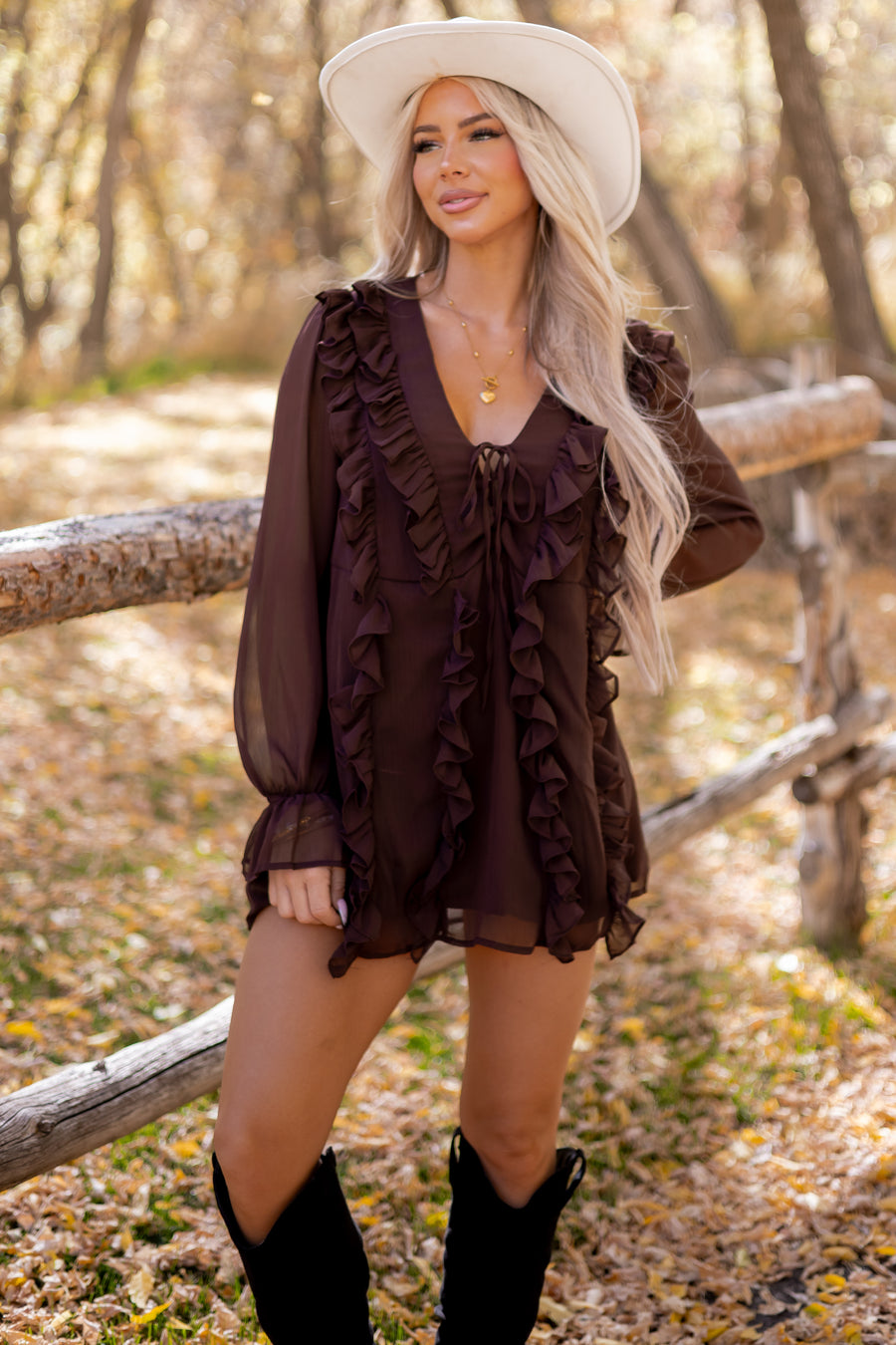 Chocolate Ruffled V-Neck Long Sleeve Mini Dress
