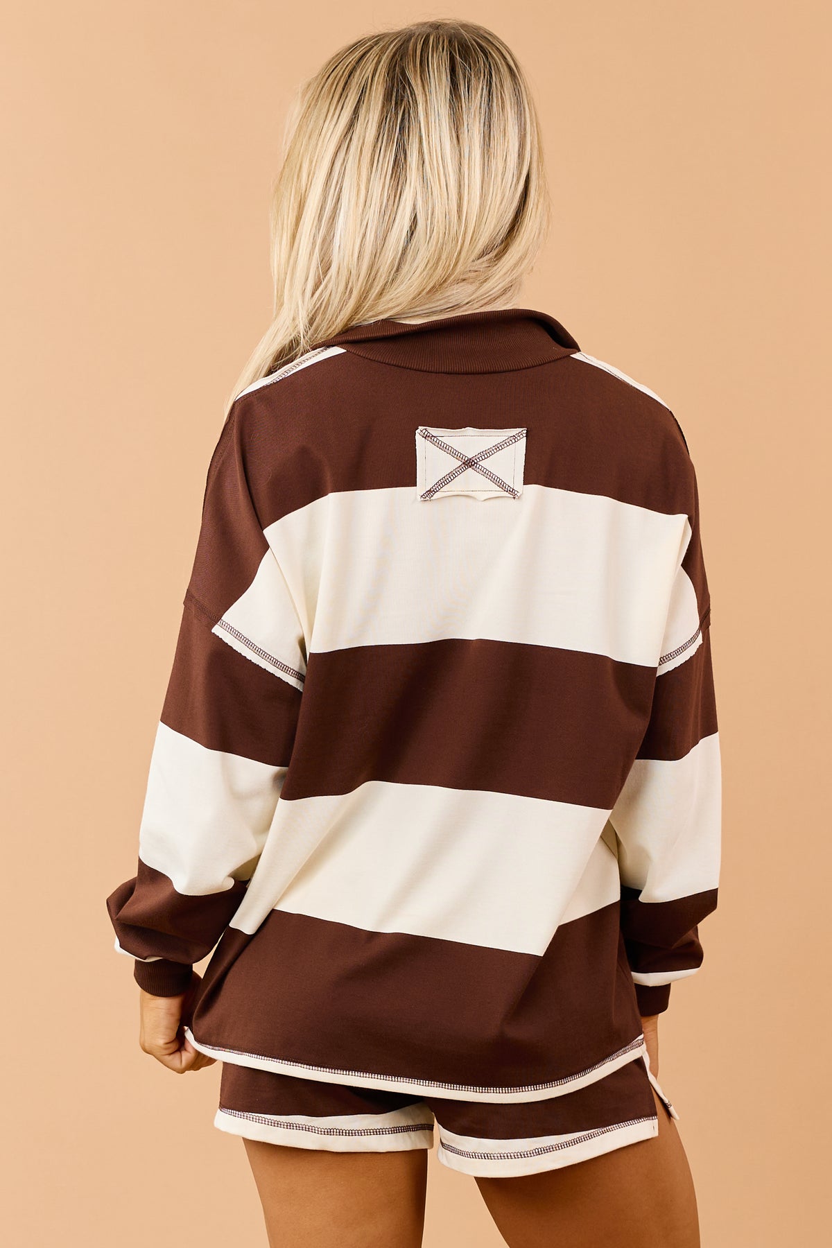 Chocolate Rugby Striped Half Zip Relaxed Knit Top