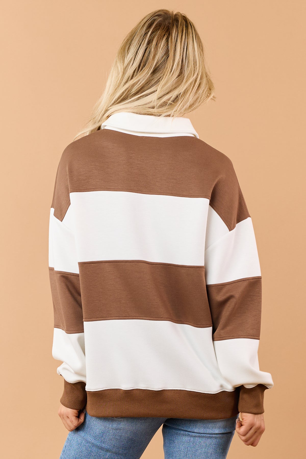 Chocolate Rugby Striped Polo Style Long Sleeve Top