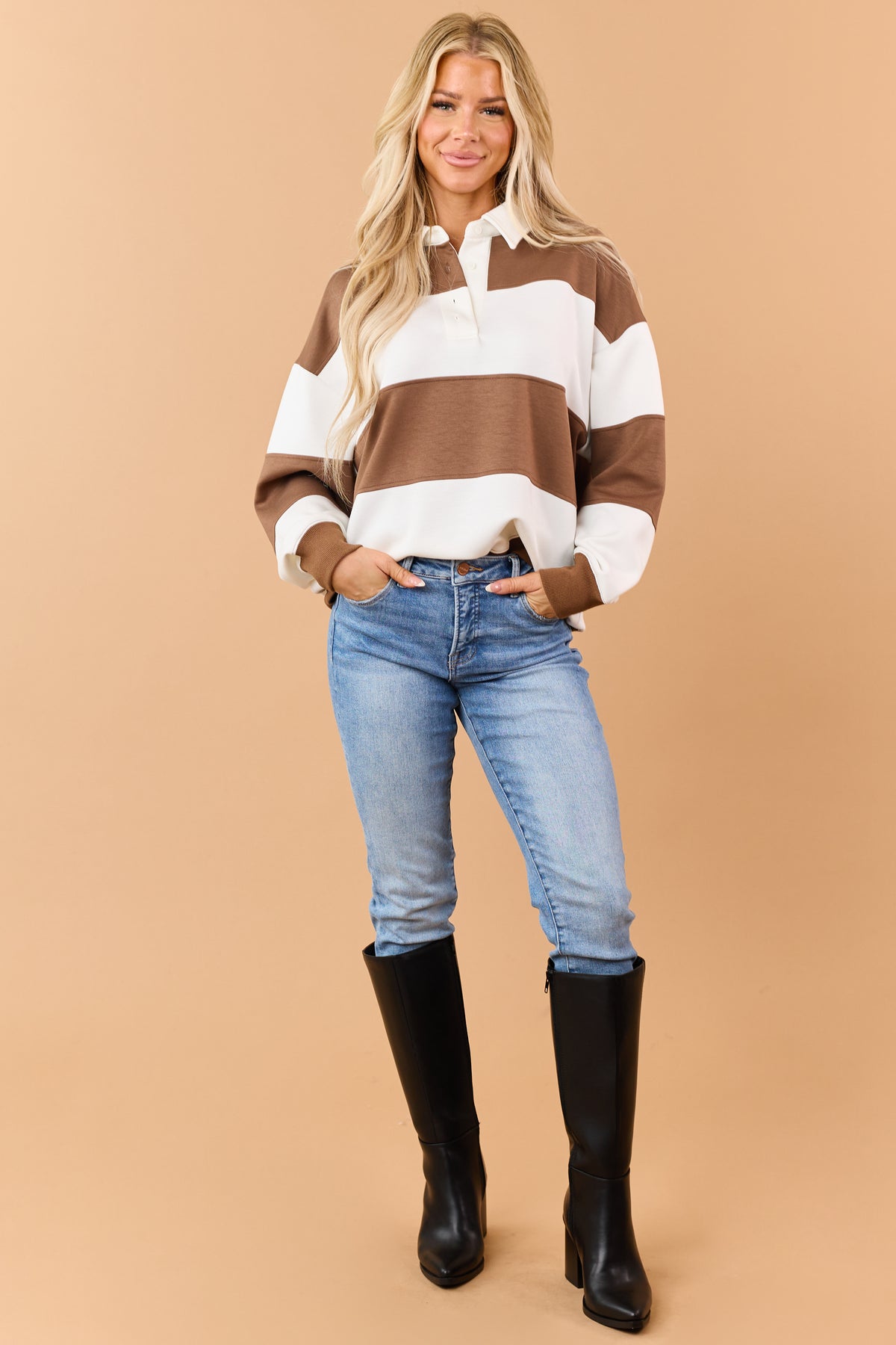 Chocolate Rugby Striped Polo Style Long Sleeve Top