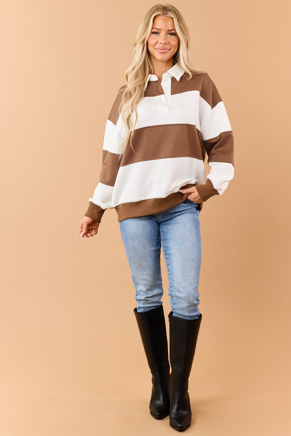 Chocolate Rugby Striped Polo Style Long Sleeve Top