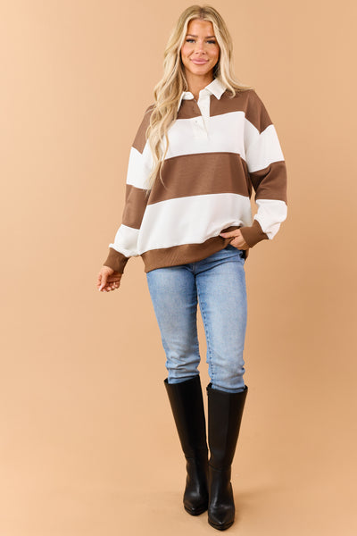 Chocolate Rugby Striped Polo Style Long Sleeve Top