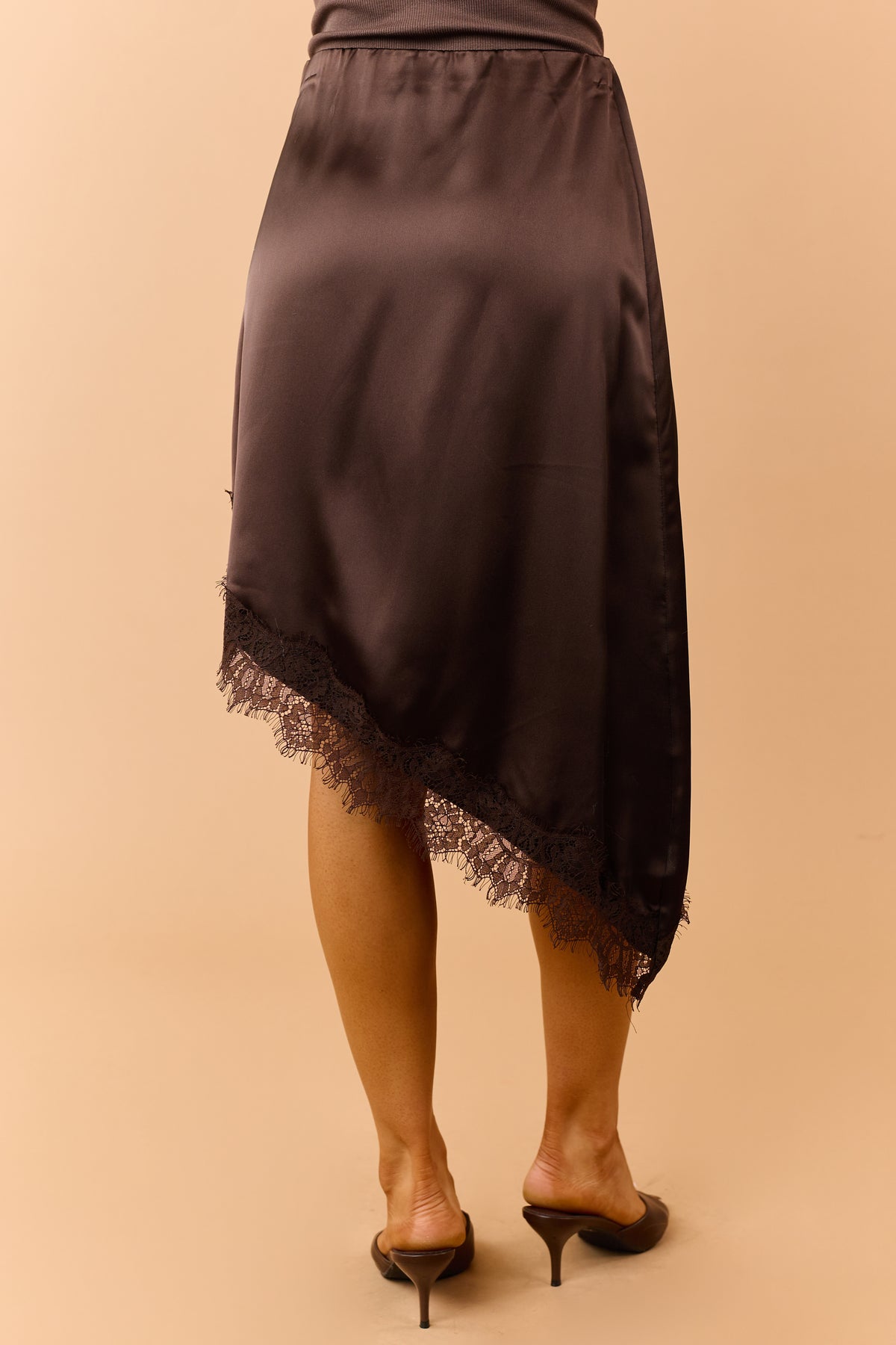 Chocolate Satin Asymmetrical Lace Hem Skirt