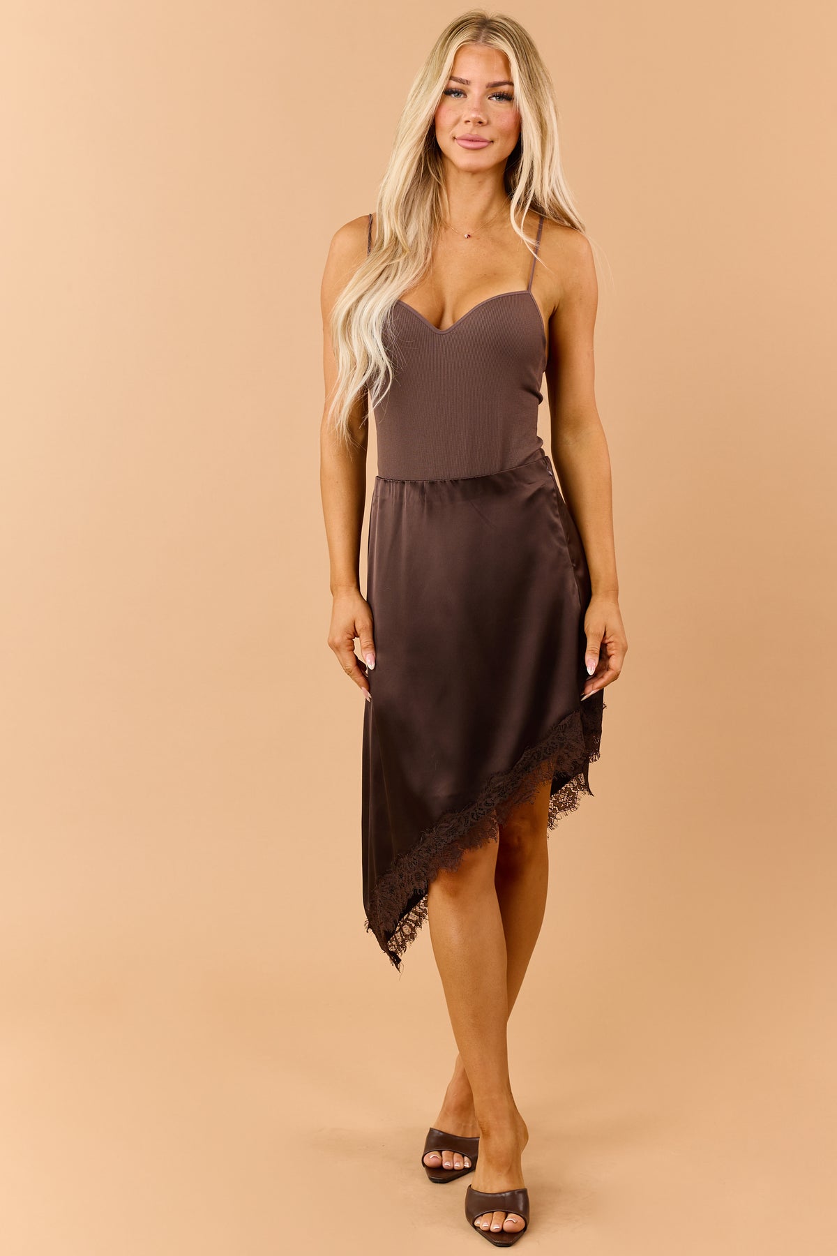 Chocolate Satin Asymmetrical Lace Hem Skirt