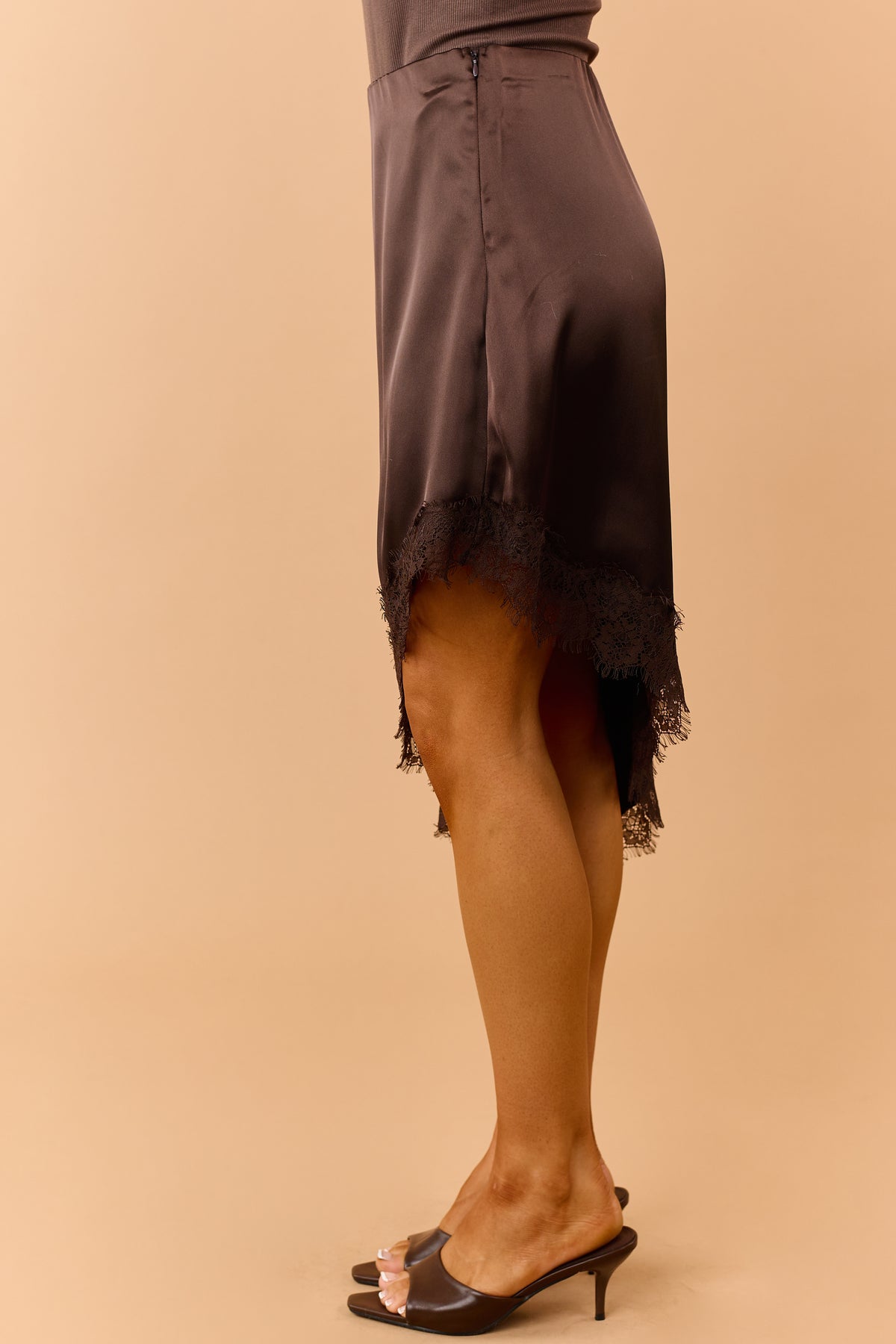 Chocolate Satin Asymmetrical Lace Hem Skirt