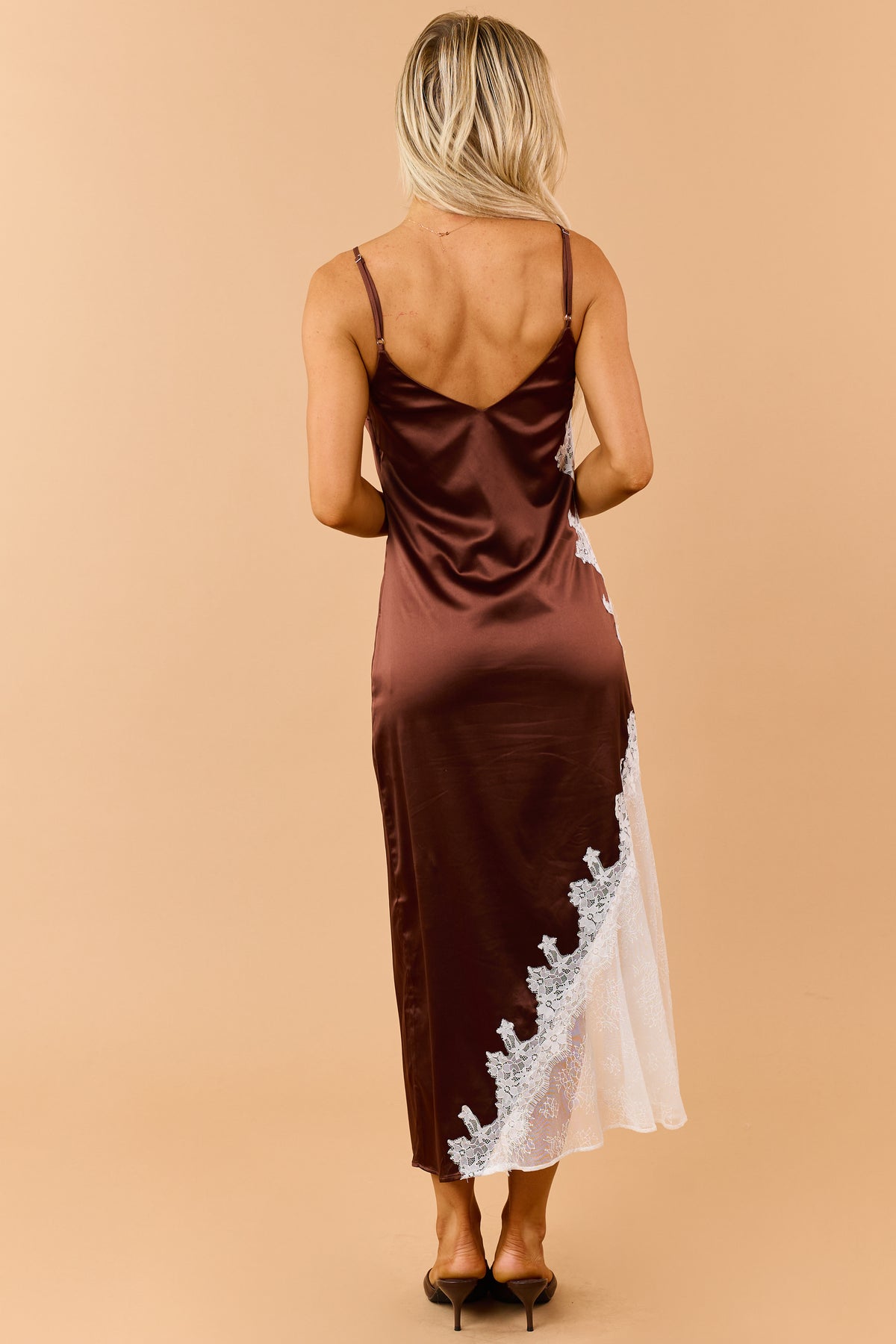 Chocolate Satin Sheer Lace Paneling Maxi Dress
