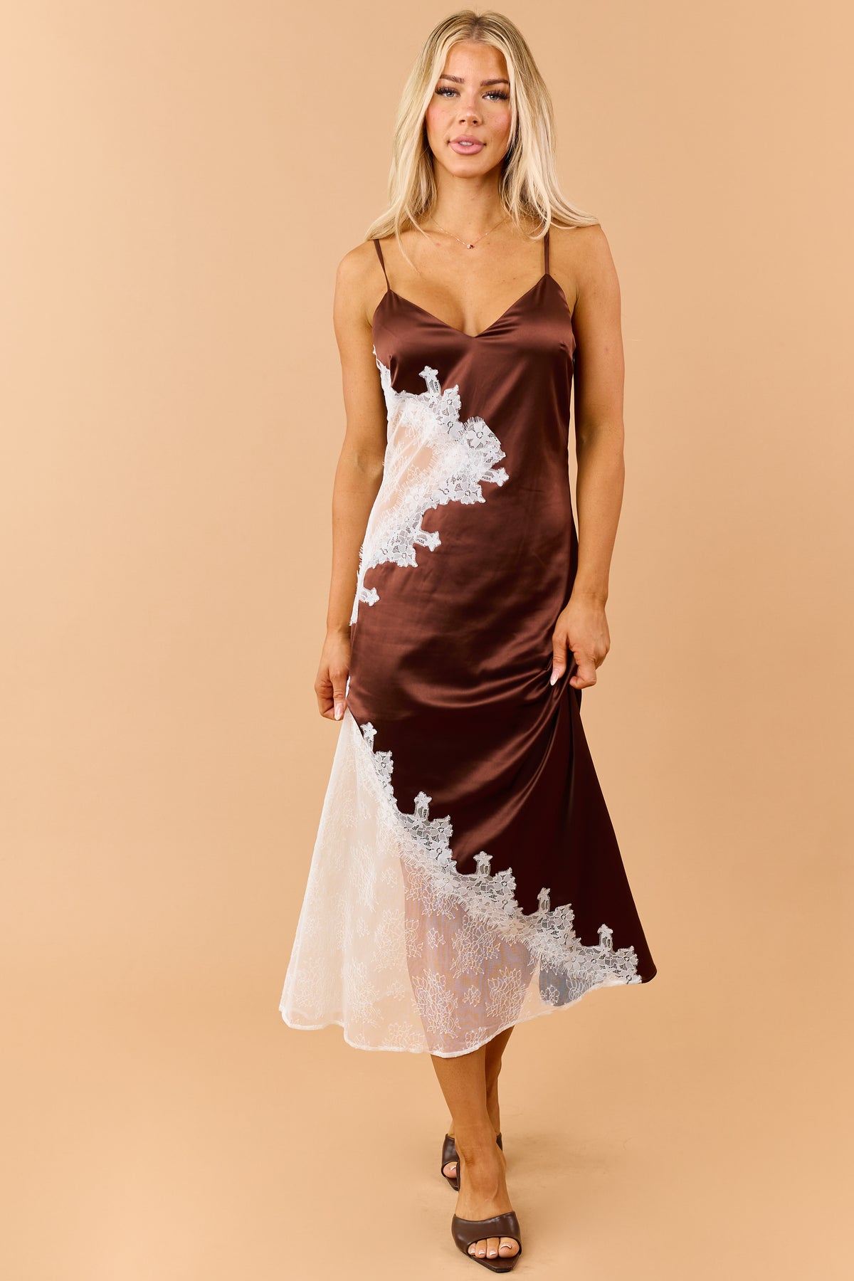 Chocolate Satin Sheer Lace Paneling Maxi Dress