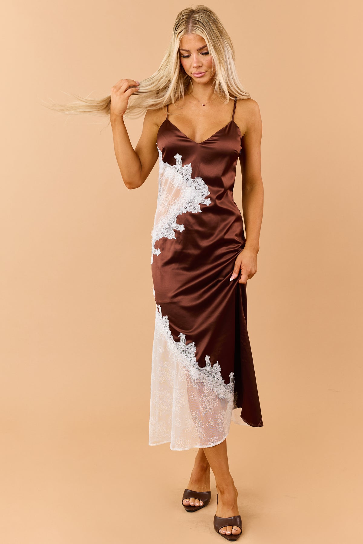 Chocolate Satin Sheer Lace Paneling Maxi Dress
