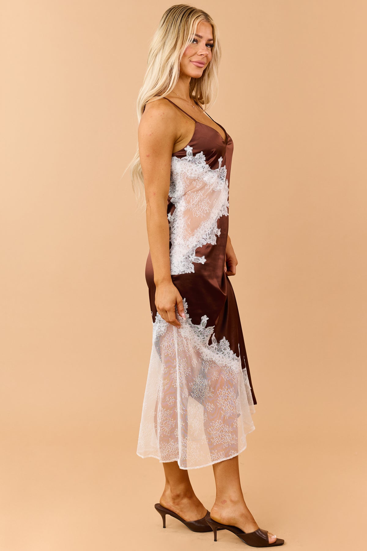 Chocolate Satin Sheer Lace Paneling Maxi Dress