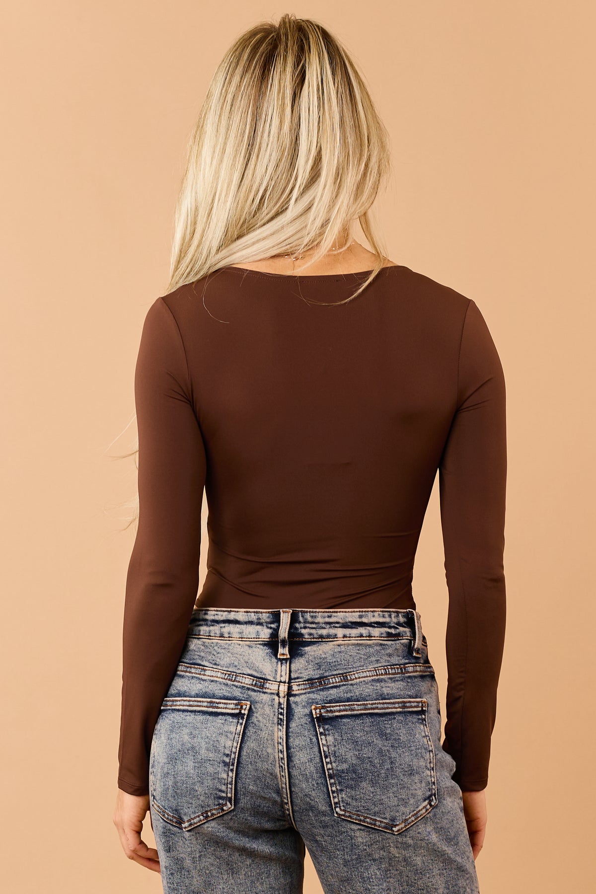 Chocolate Scoop Neck Long Sleeve Fitted Bodysuit