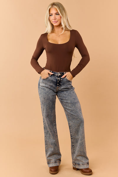 Chocolate Scoop Neck Long Sleeve Fitted Bodysuit