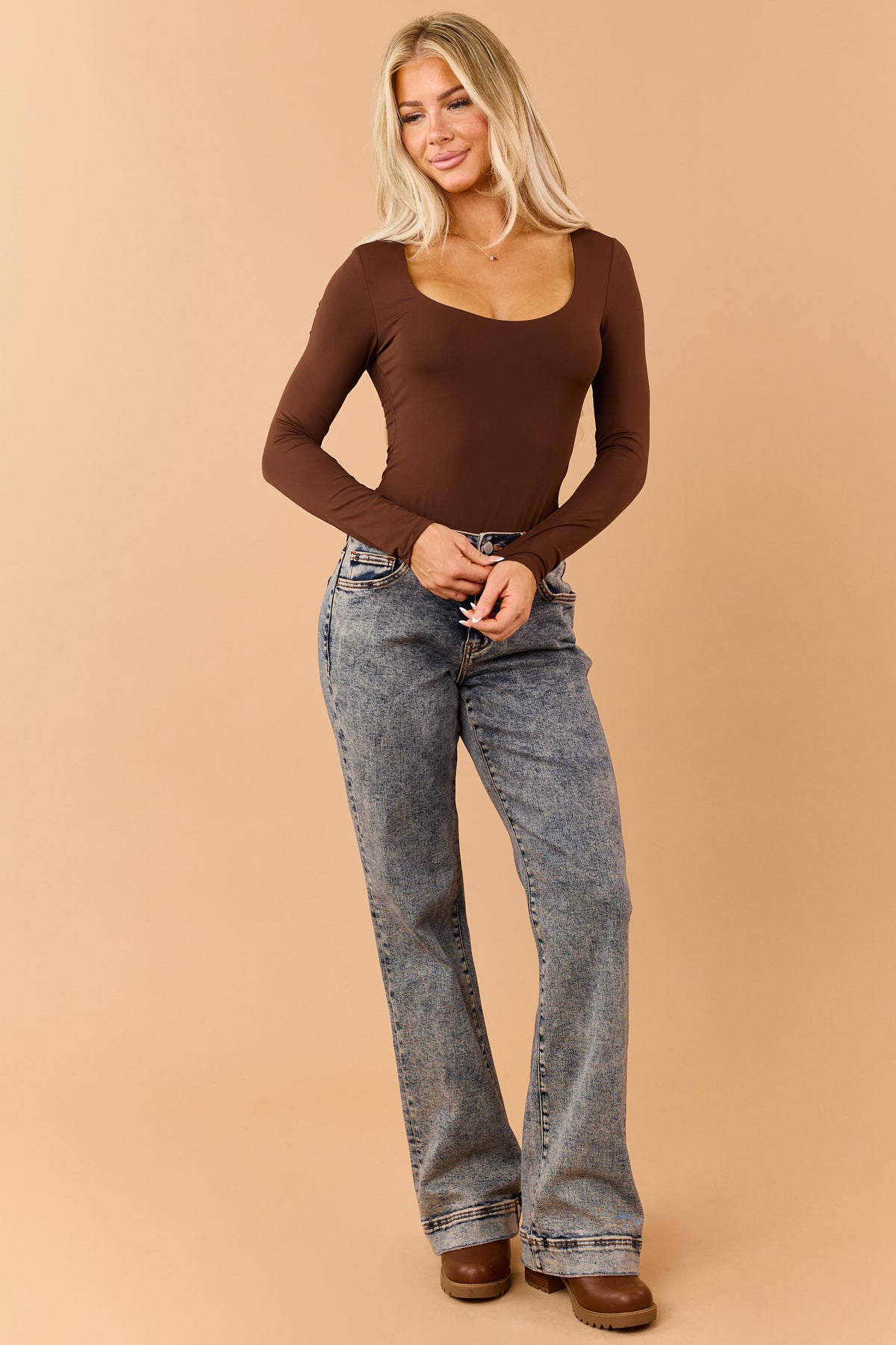 Chocolate Scoop Neck Long Sleeve Fitted Bodysuit