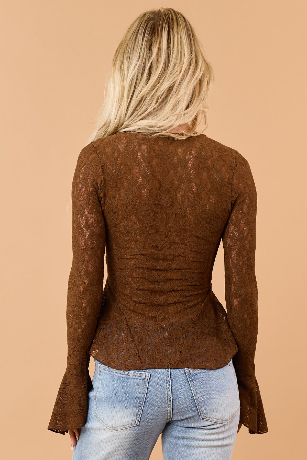 Chocolate Sheer Floral Lace Flare Cuff Long Sleeve Top