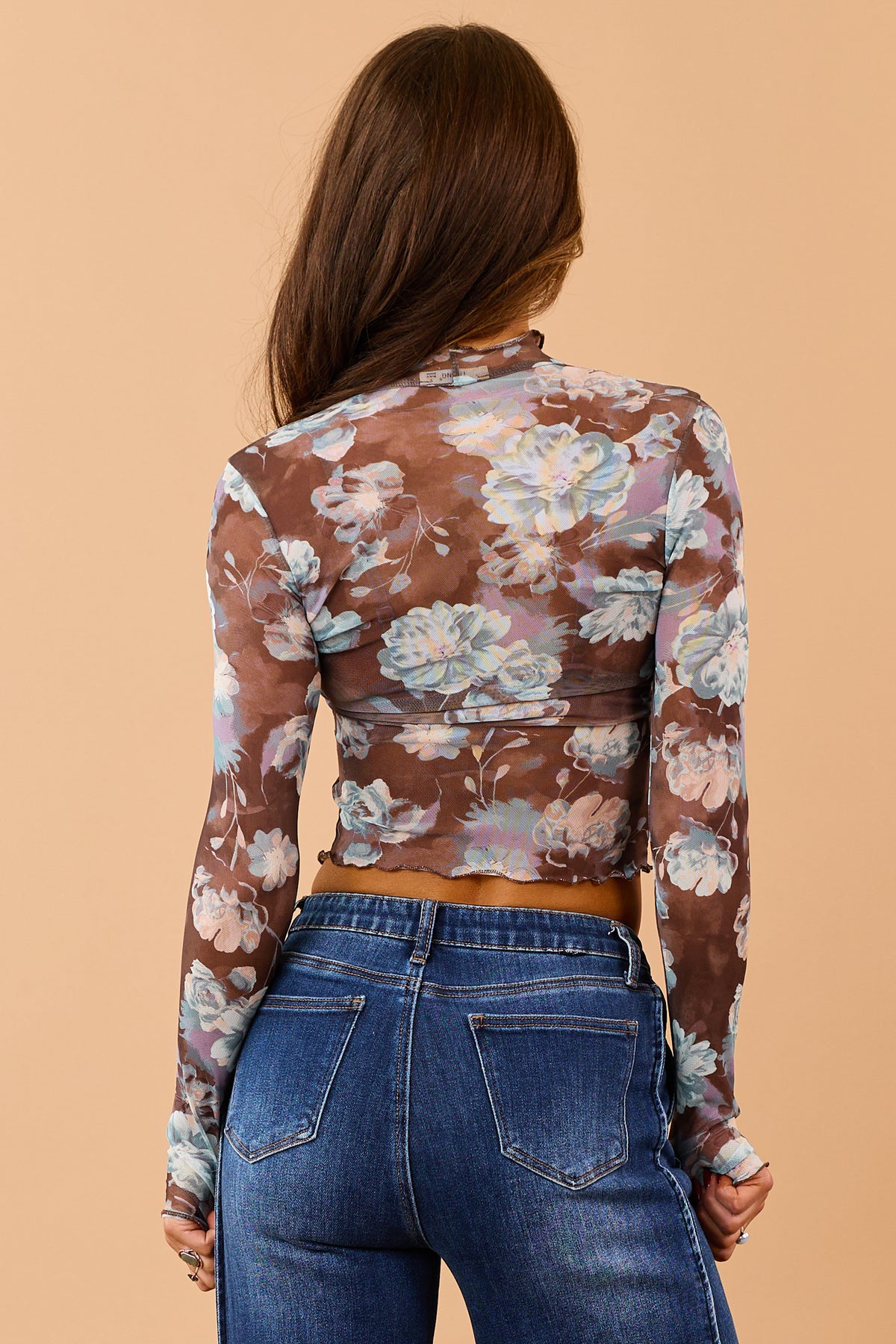 Chocolate Sheer Mesh Floral Long Sleeve Top