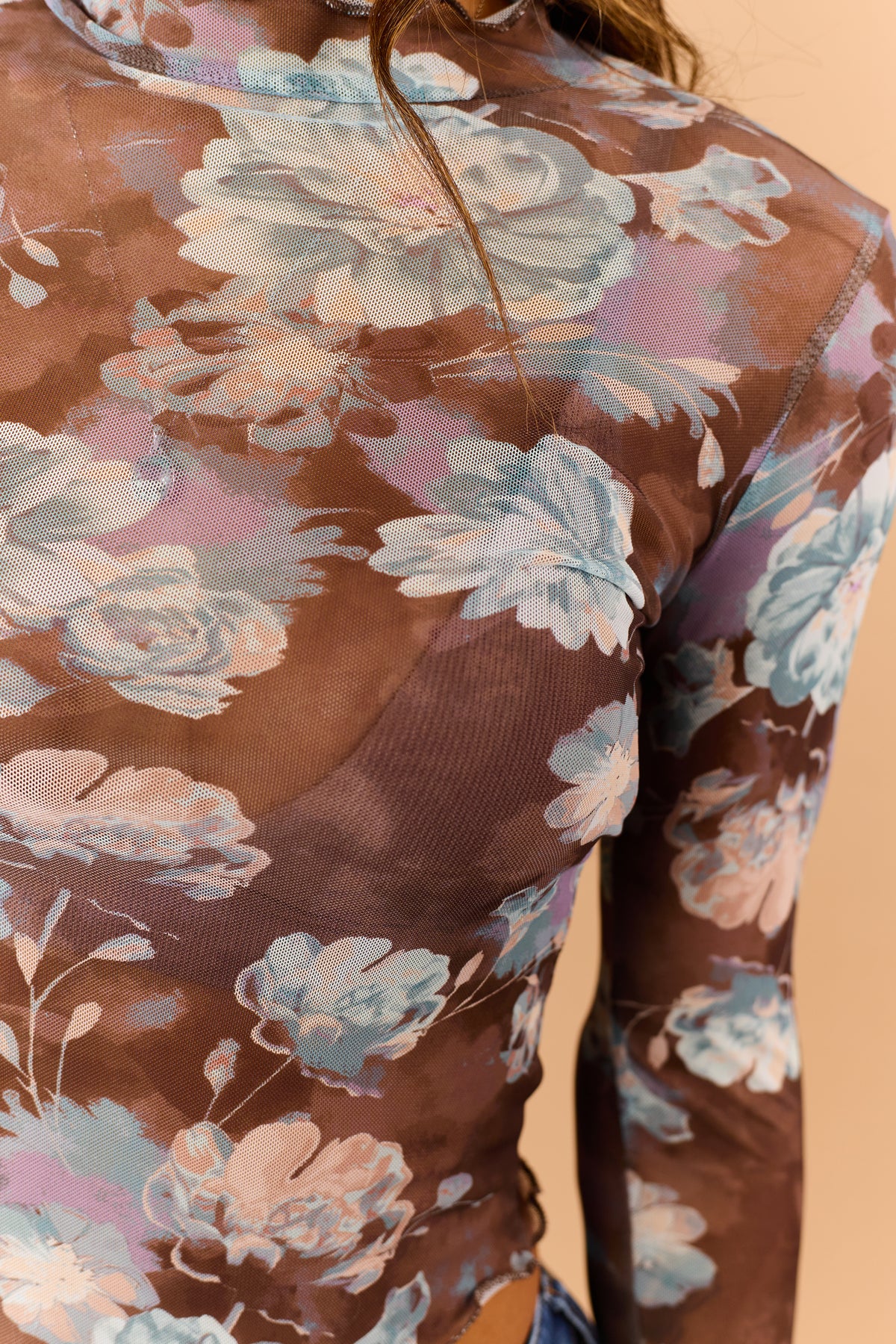 Chocolate Sheer Mesh Floral Long Sleeve Top