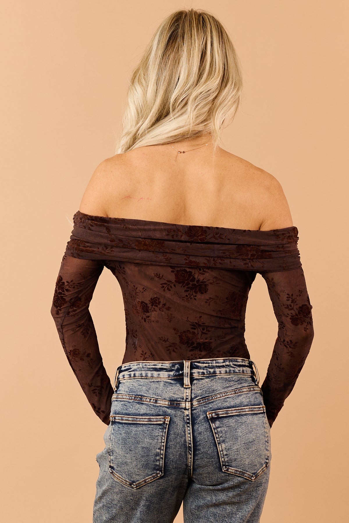 Chocolate Sheer Mesh Floral Off Shoulder Bodysuit