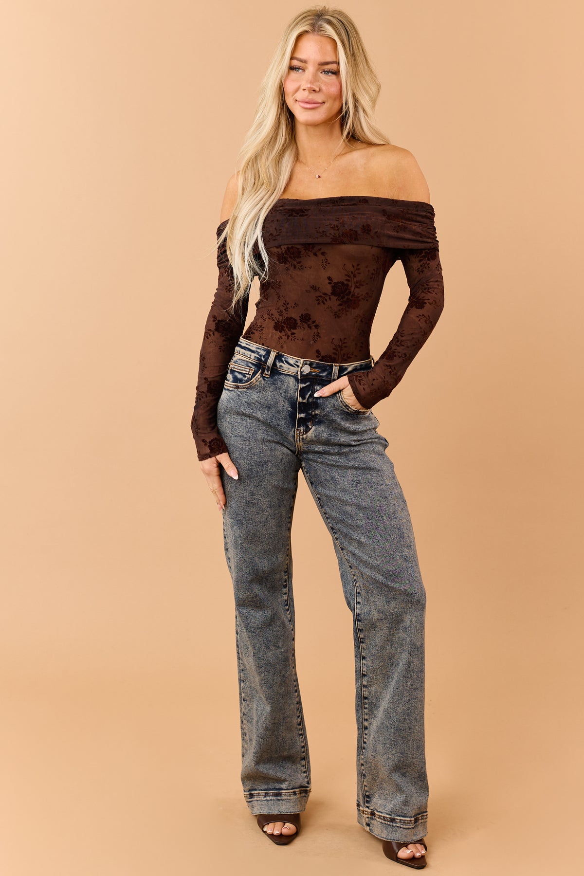 Chocolate Sheer Mesh Floral Off Shoulder Bodysuit