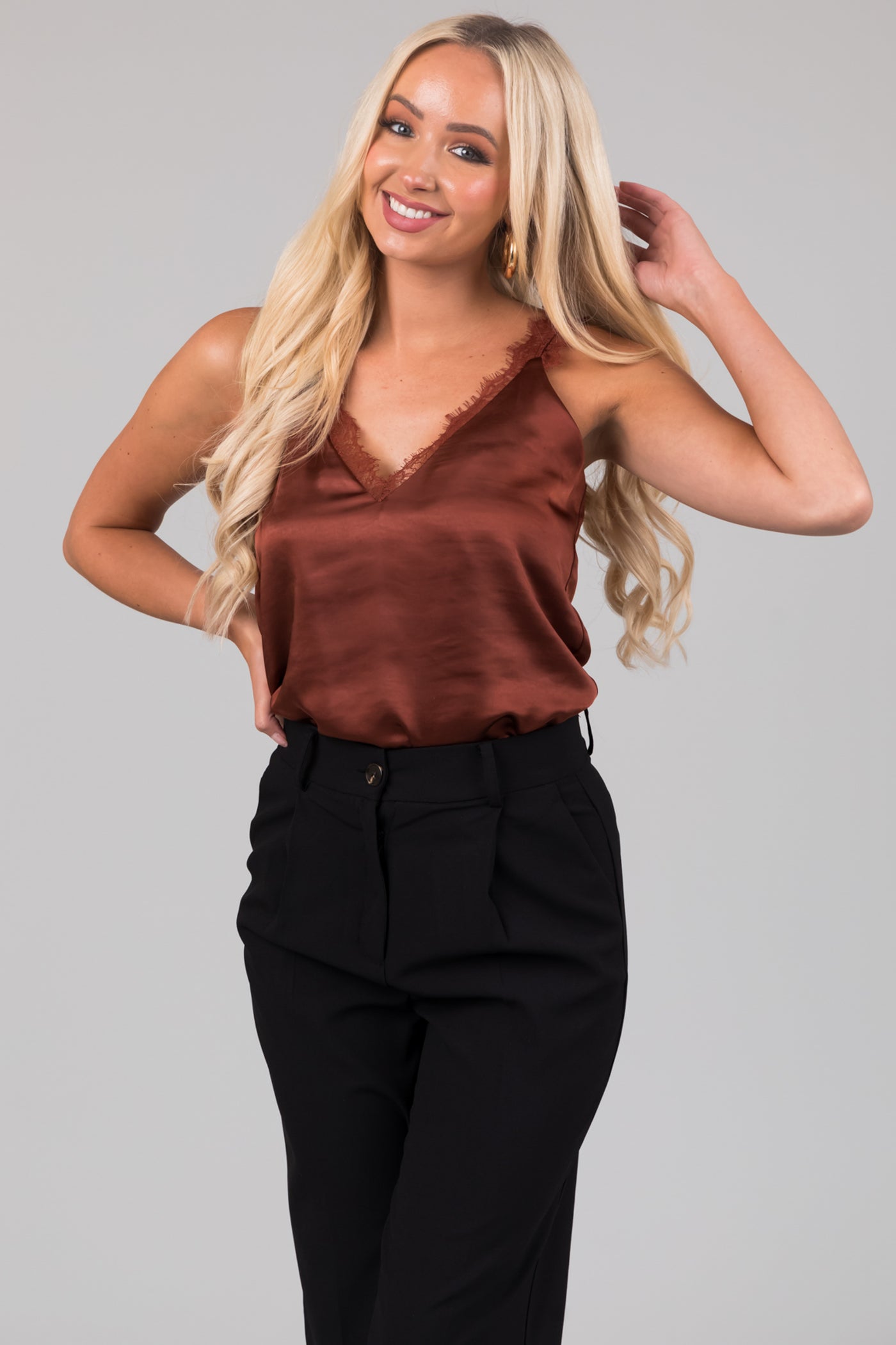 Chocolate Sleeveless Lace Trim V Neck Cami Top