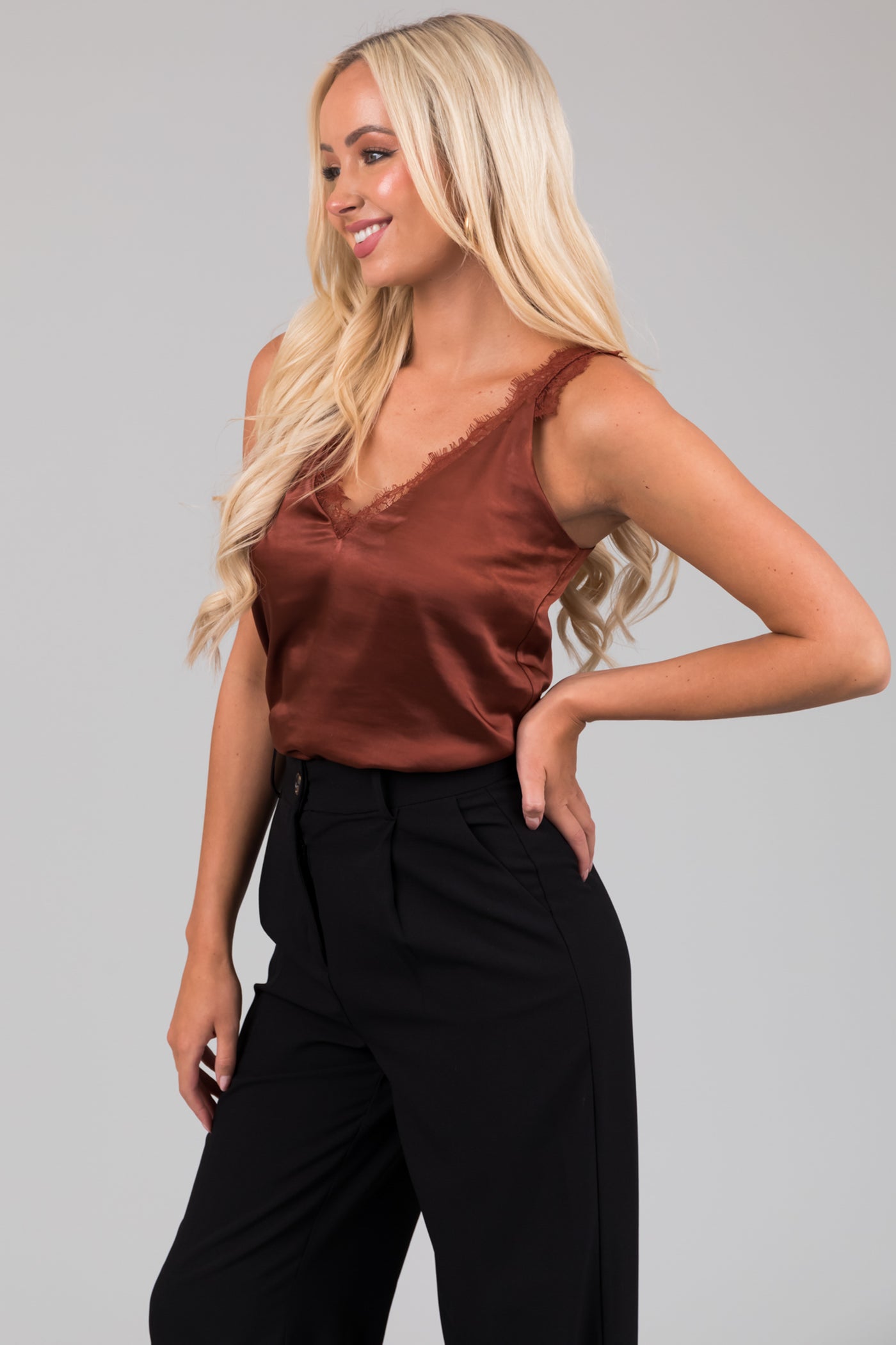 Chocolate Sleeveless Lace Trim V Neck Cami Top