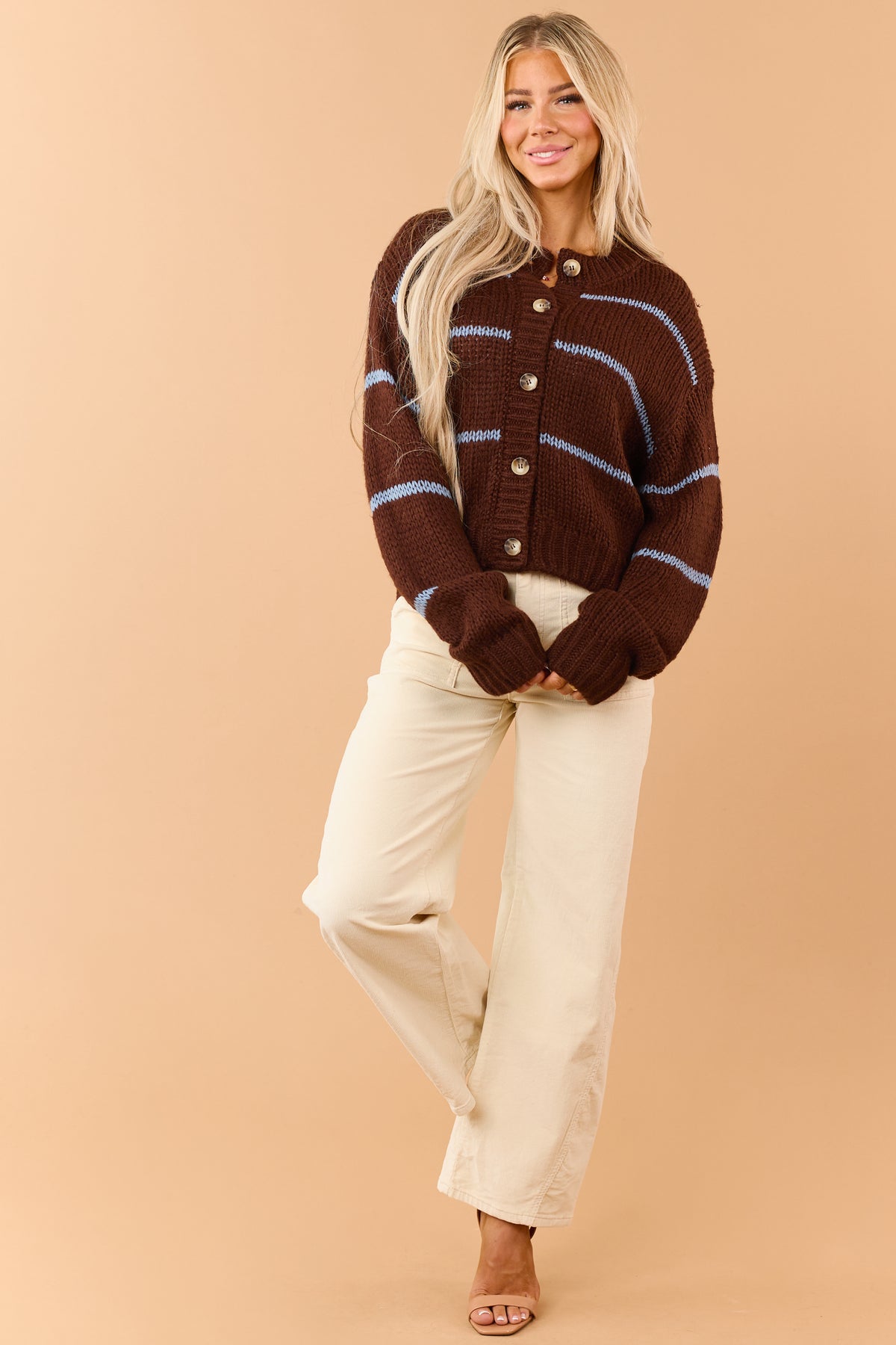 Chocolate Striped Button Down Sweater Cardigan