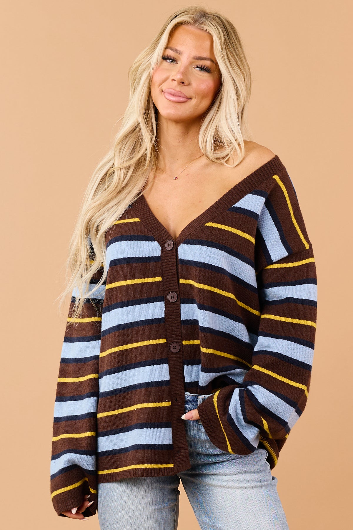 Chocolate Striped Button Up Relaxed Sweater Cardigan