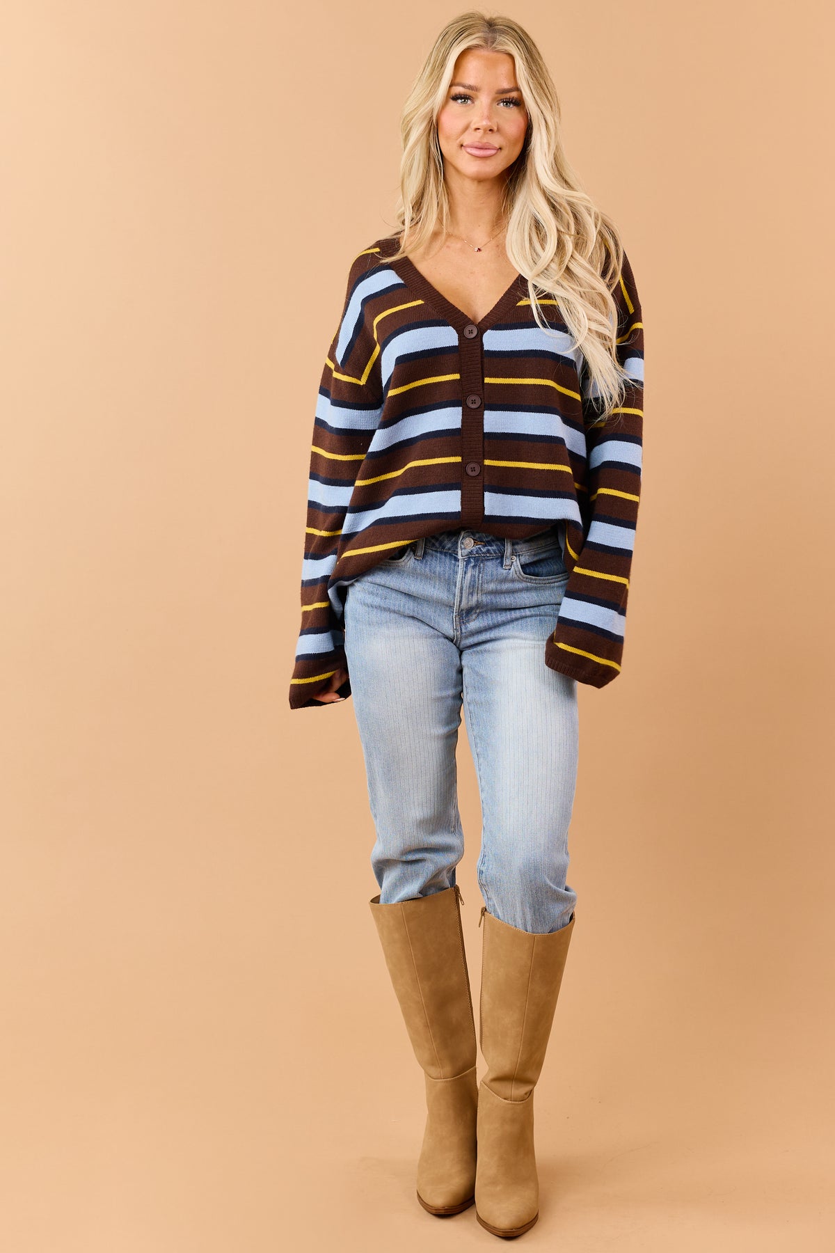 Chocolate Striped Button Up Relaxed Sweater Cardigan