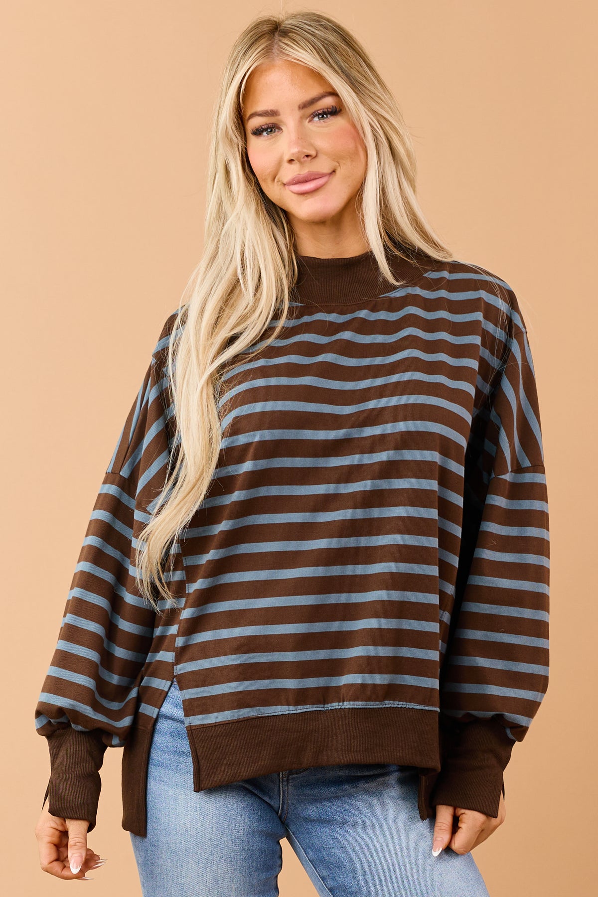 Chocolate Striped Mock Neck Sweatshirt Top