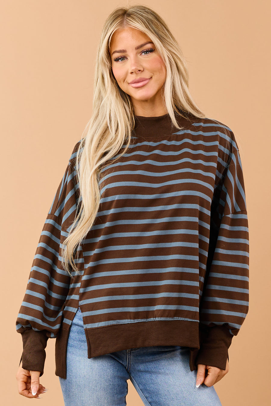 Chocolate Striped Mock Neck Sweatshirt Top