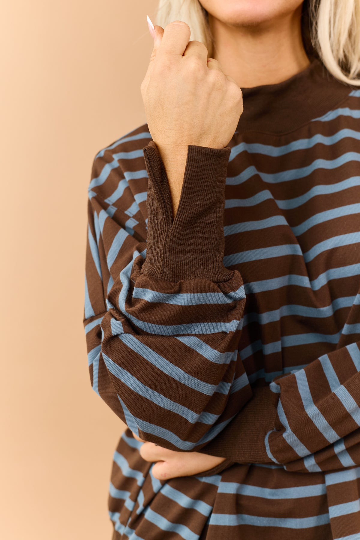 Chocolate Striped Mock Neck Sweatshirt Top