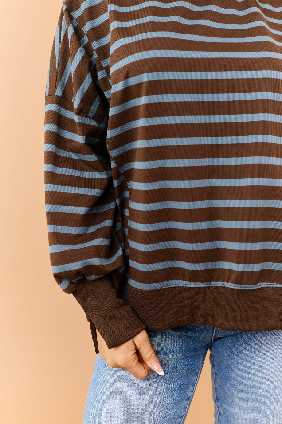 Chocolate Striped Mock Neck Sweatshirt Top