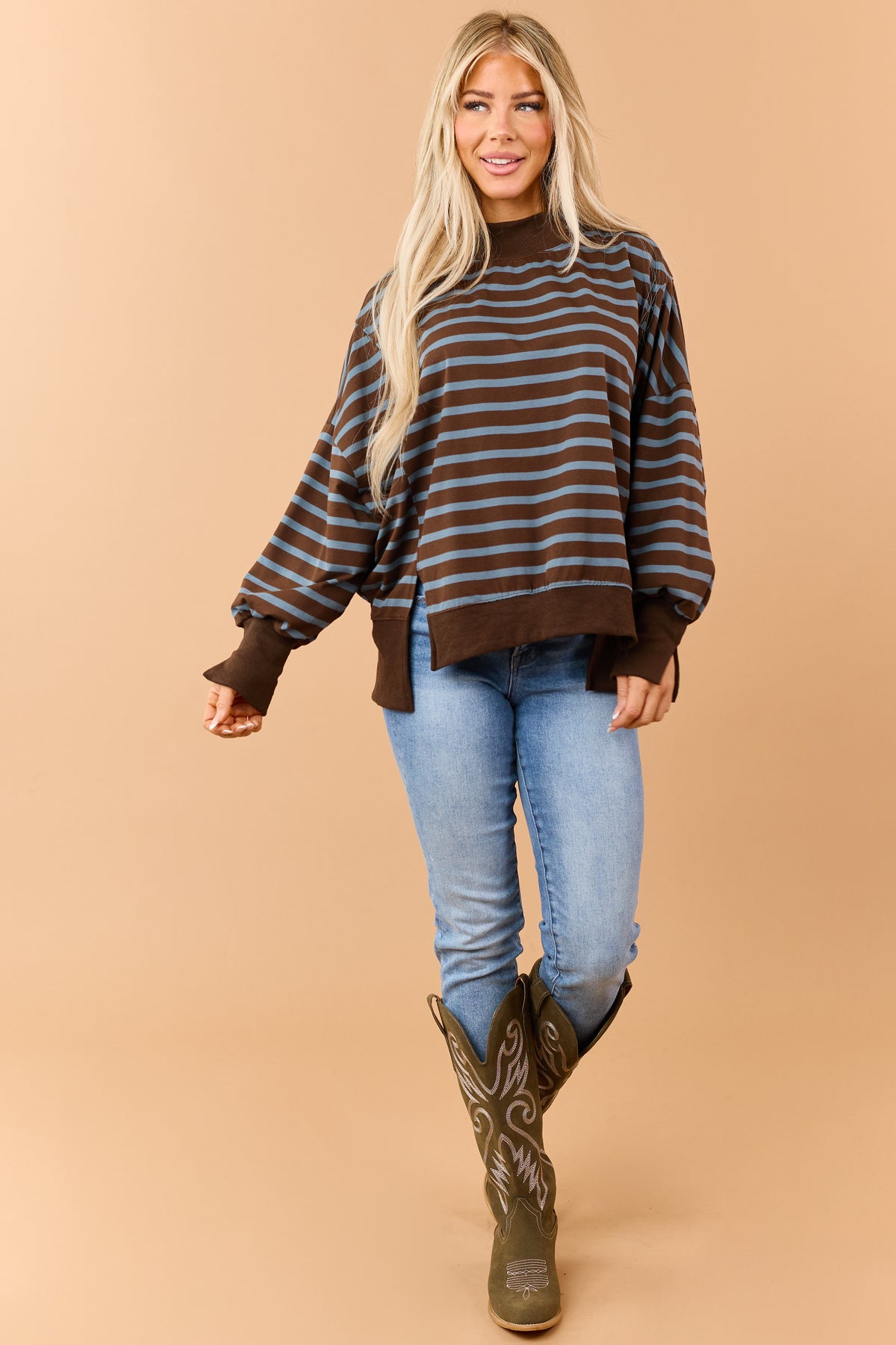 Chocolate Striped Mock Neck Sweatshirt Top