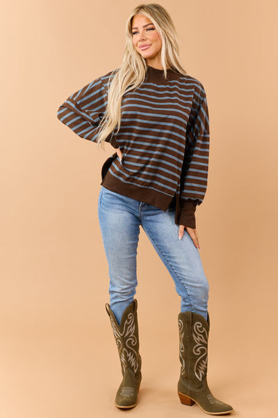 Chocolate Striped Mock Neck Sweatshirt Top