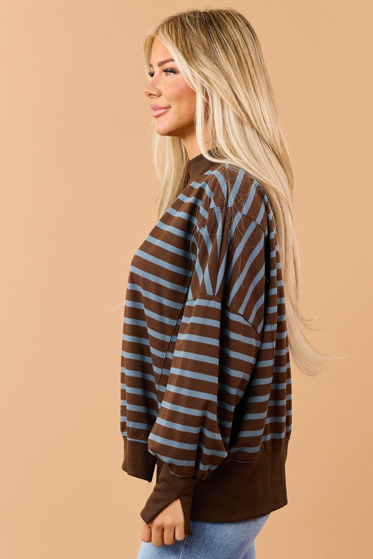 Chocolate Striped Mock Neck Sweatshirt Top