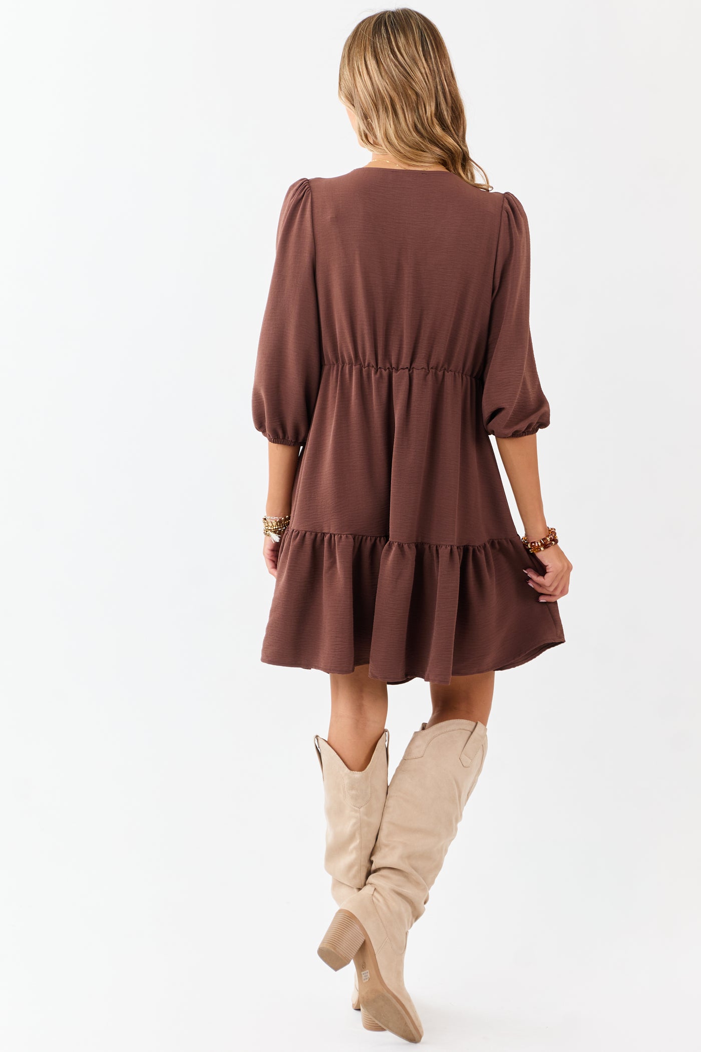 Chocolate Tassel Tie V-Neck Puff Sleeve Mini Dress