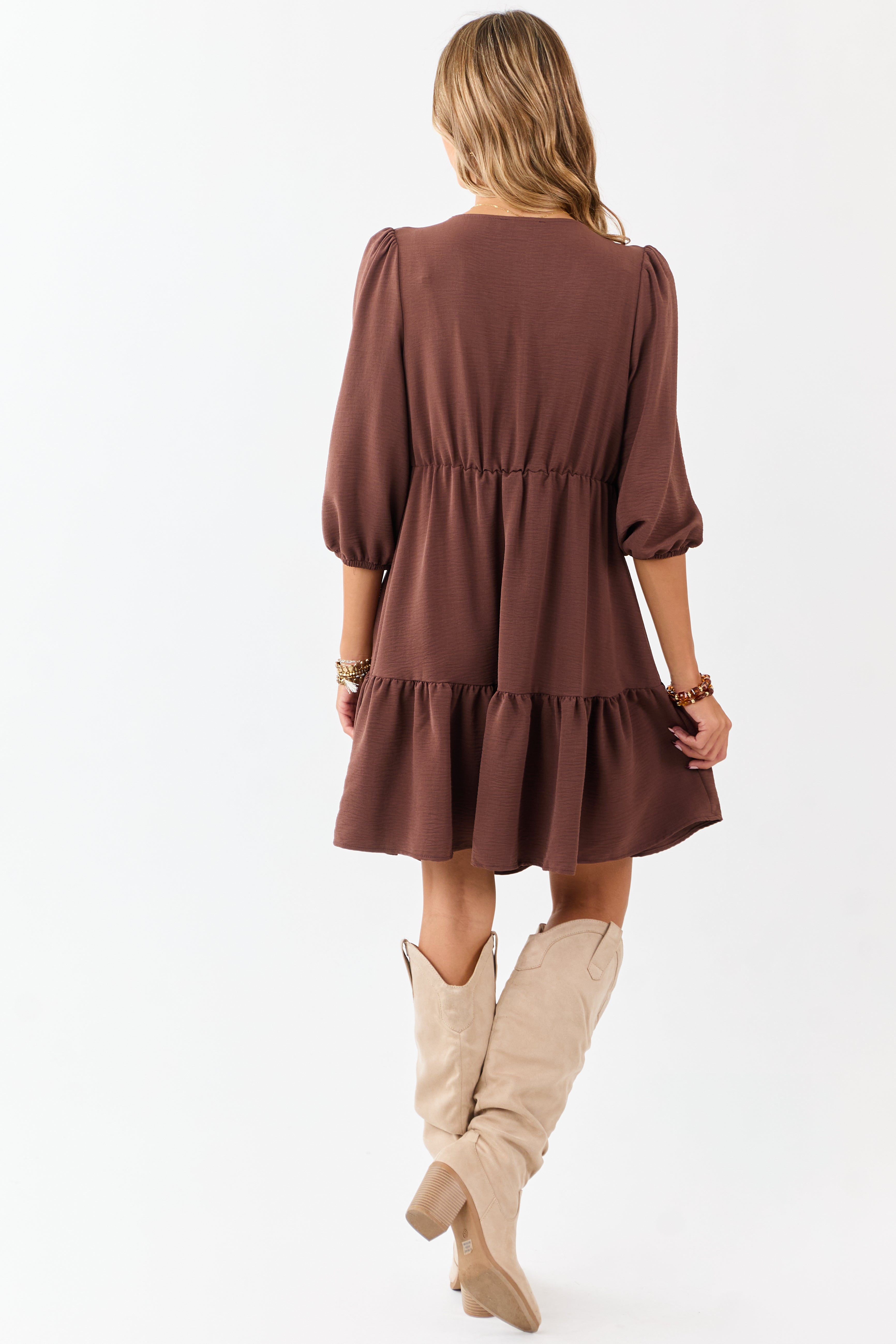 Chocolate Tassel Tie V-Neck Puff Sleeve Mini Dress