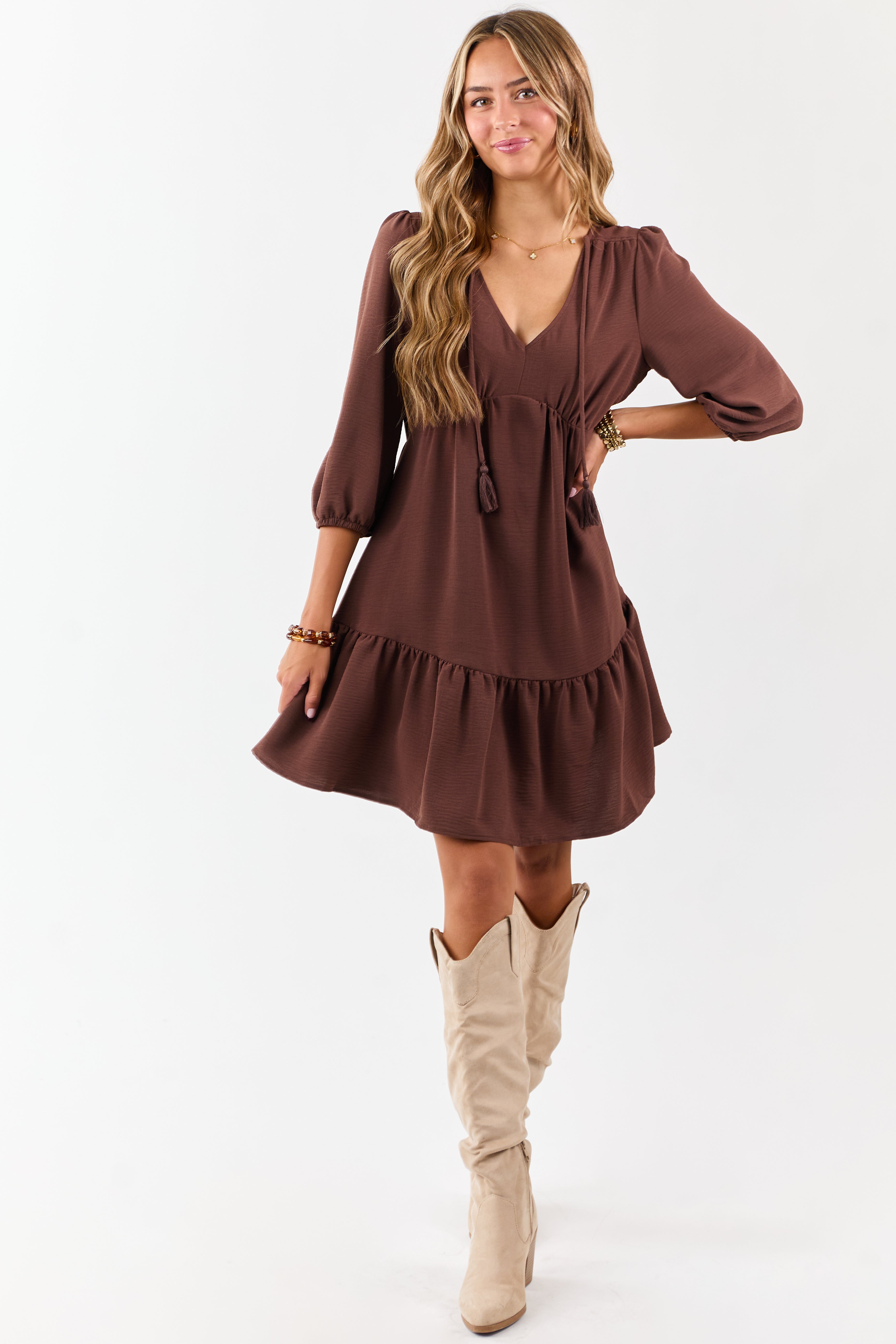 Chocolate Tassel Tie V-Neck Puff Sleeve Mini Dress