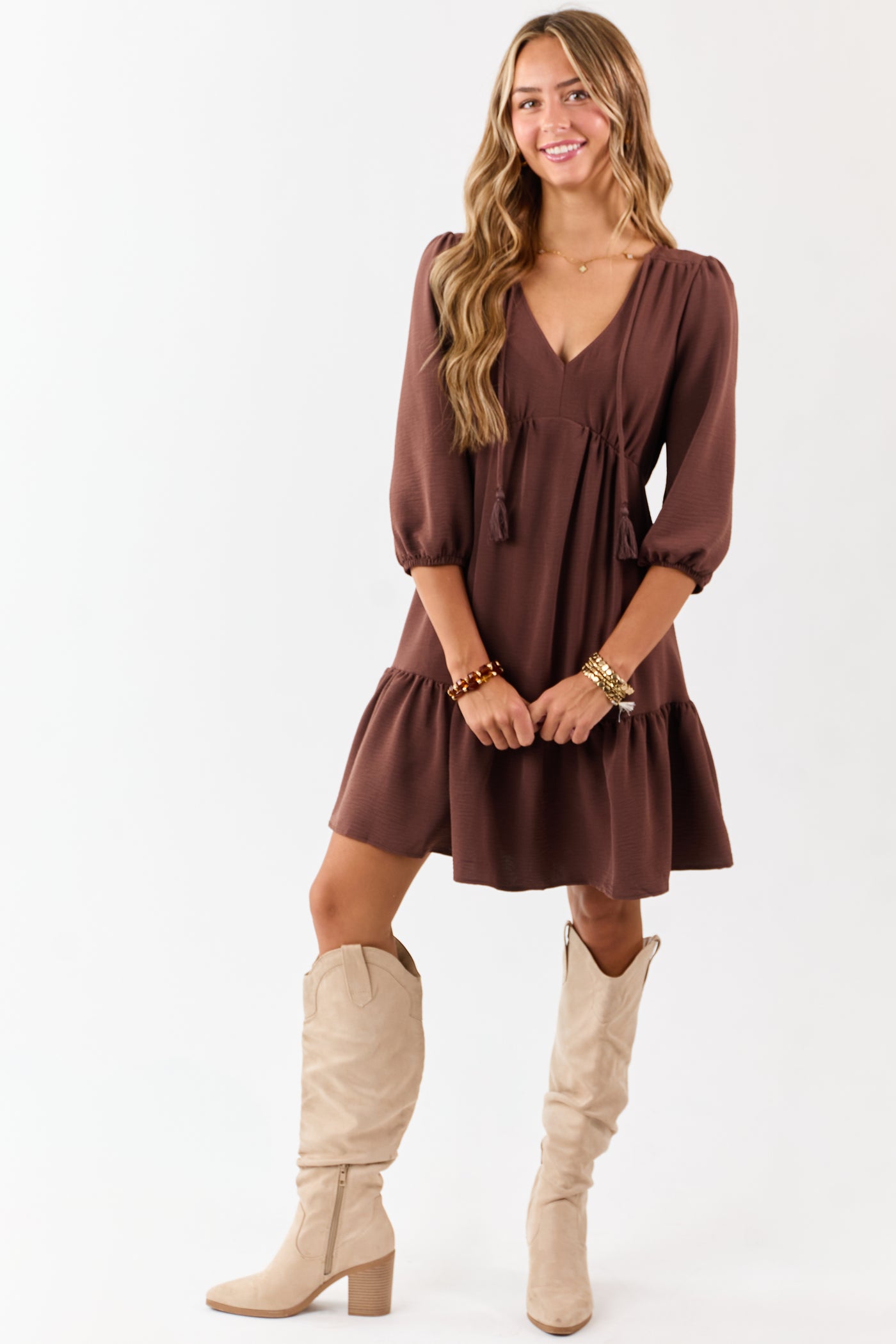 Chocolate Tassel Tie V-Neck Puff Sleeve Mini Dress | Lime Lush Boutique Chocolate Tassel Tie V-Neck Puff Sleeve Mini Dress | Lime Lush Boutique
