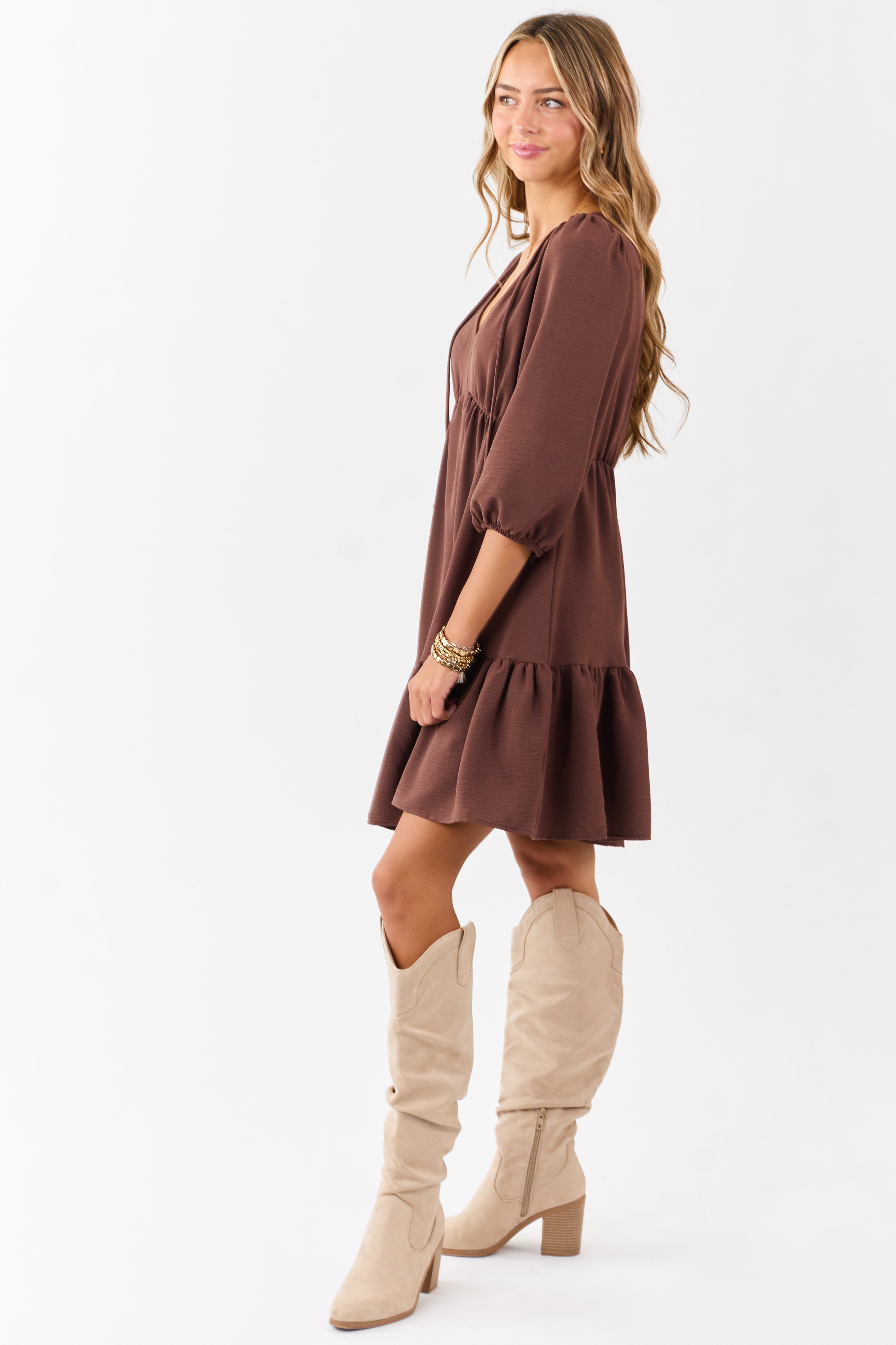 Chocolate Tassel Tie V-Neck Puff Sleeve Mini Dress
