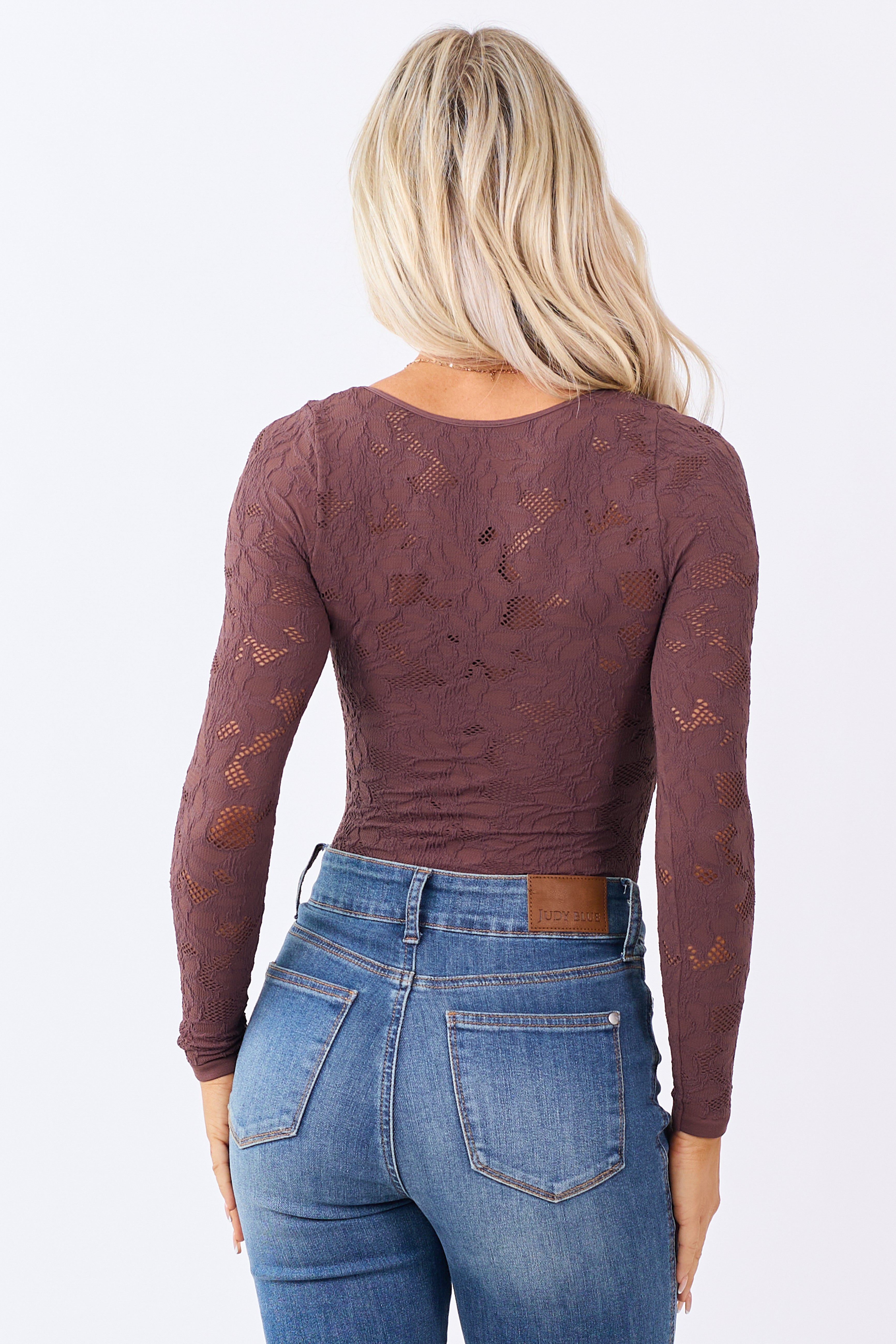 Chocolate Textured Lace Long Sleeve Bodysuit