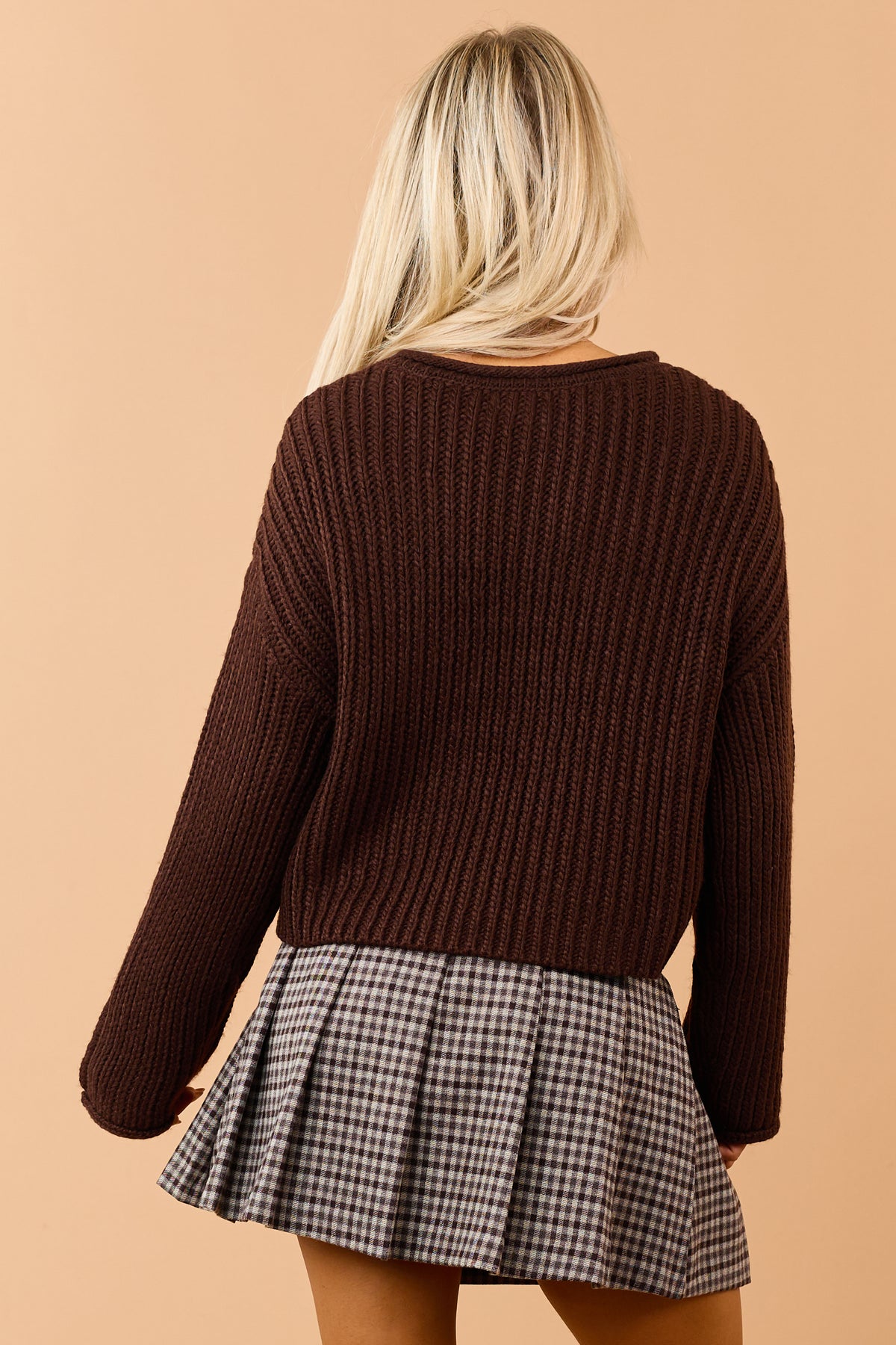 Chocolate Thick Rib Knit Rolled Trim Boxy Sweater