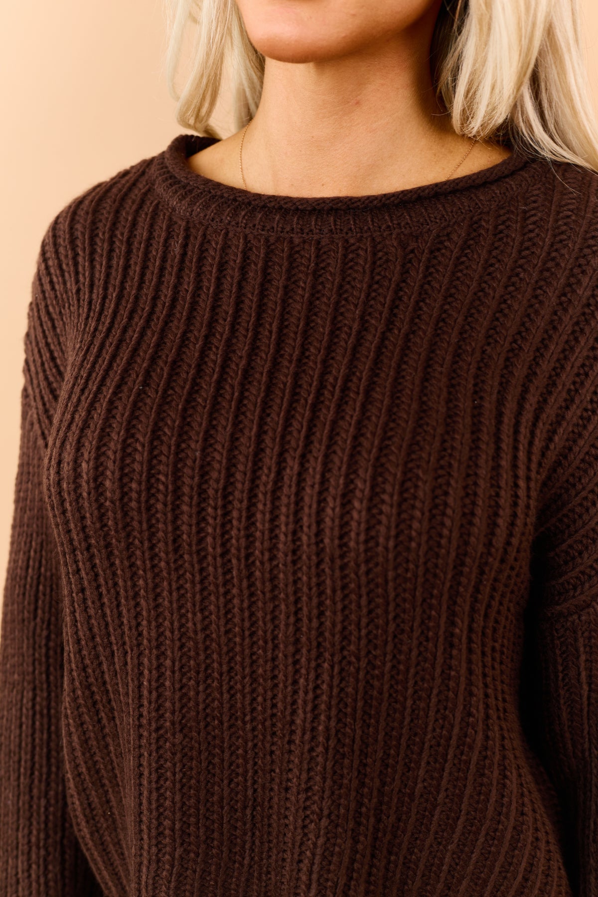 Chocolate Thick Rib Knit Rolled Trim Boxy Sweater