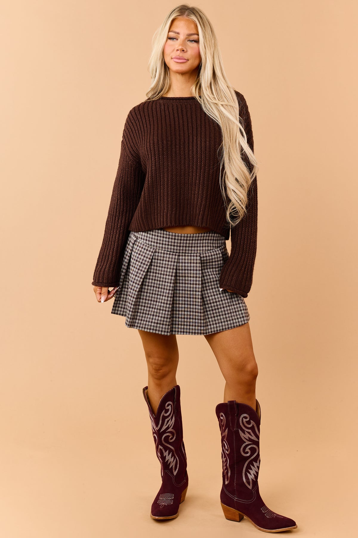 Chocolate Thick Rib Knit Rolled Trim Boxy Sweater