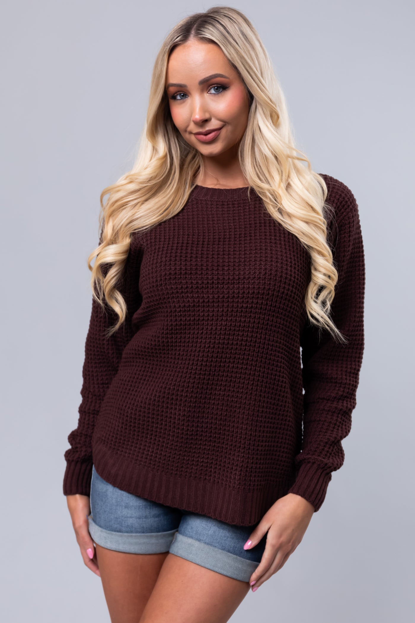 Chocolate Thick Waffle Knit Curved Hem Sweater Lime Lush