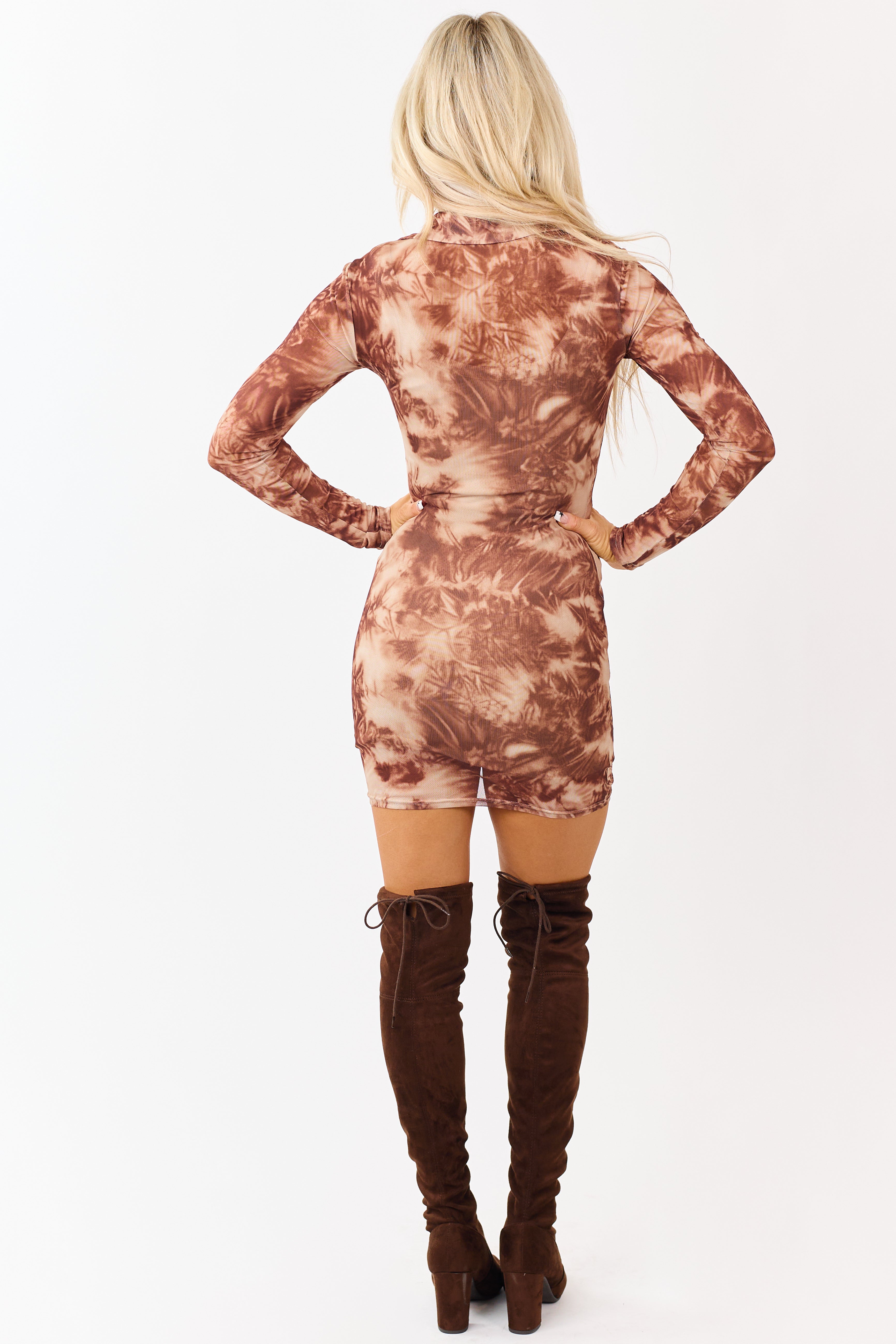 Chocolate Tie Dye Ruched Sheer Mesh Mini Dress