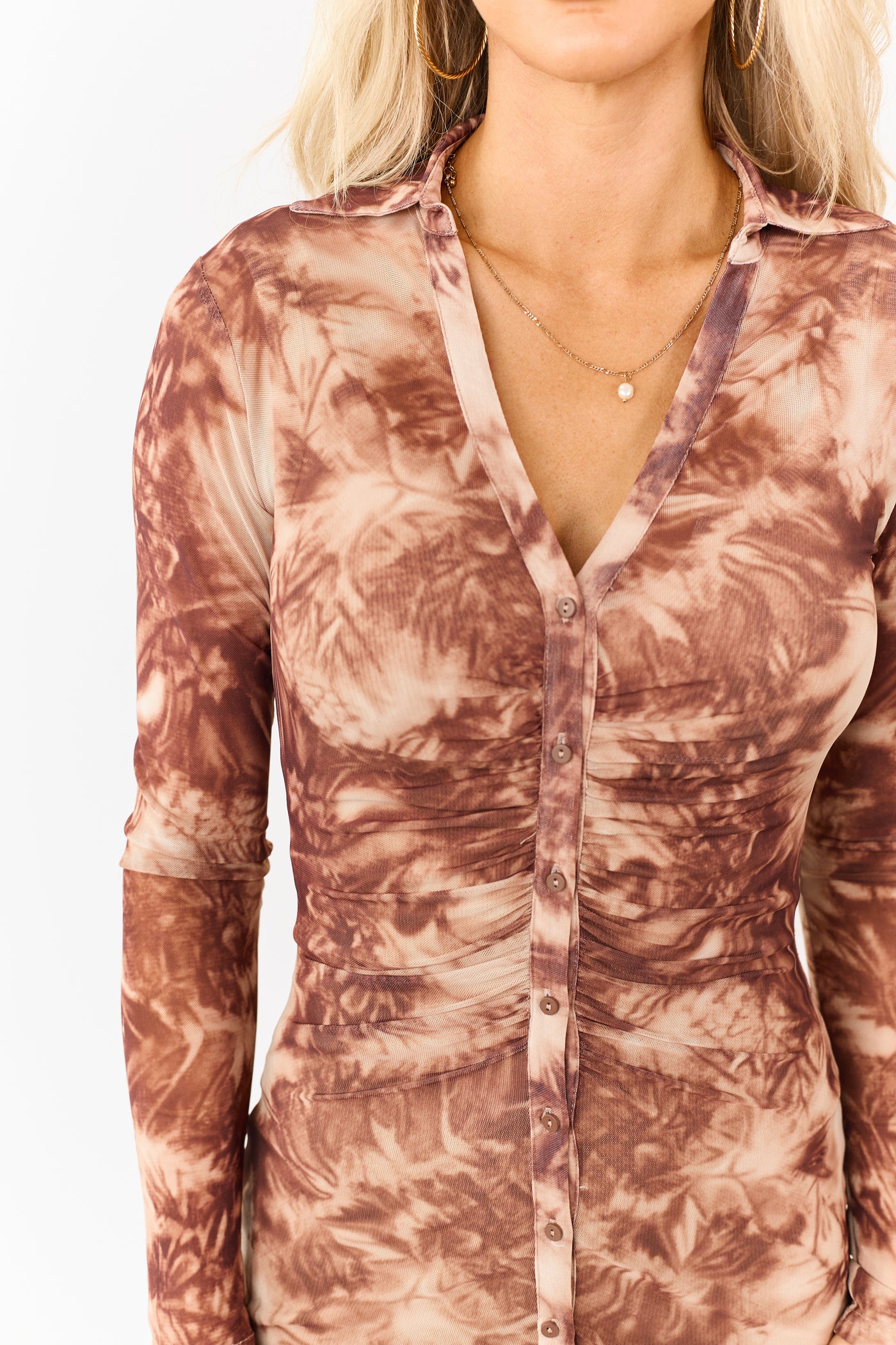 Chocolate Tie Dye Ruched Sheer Mesh Mini Dress Chocolate Tie Dye Ruched Sheer Mesh Mini Dress